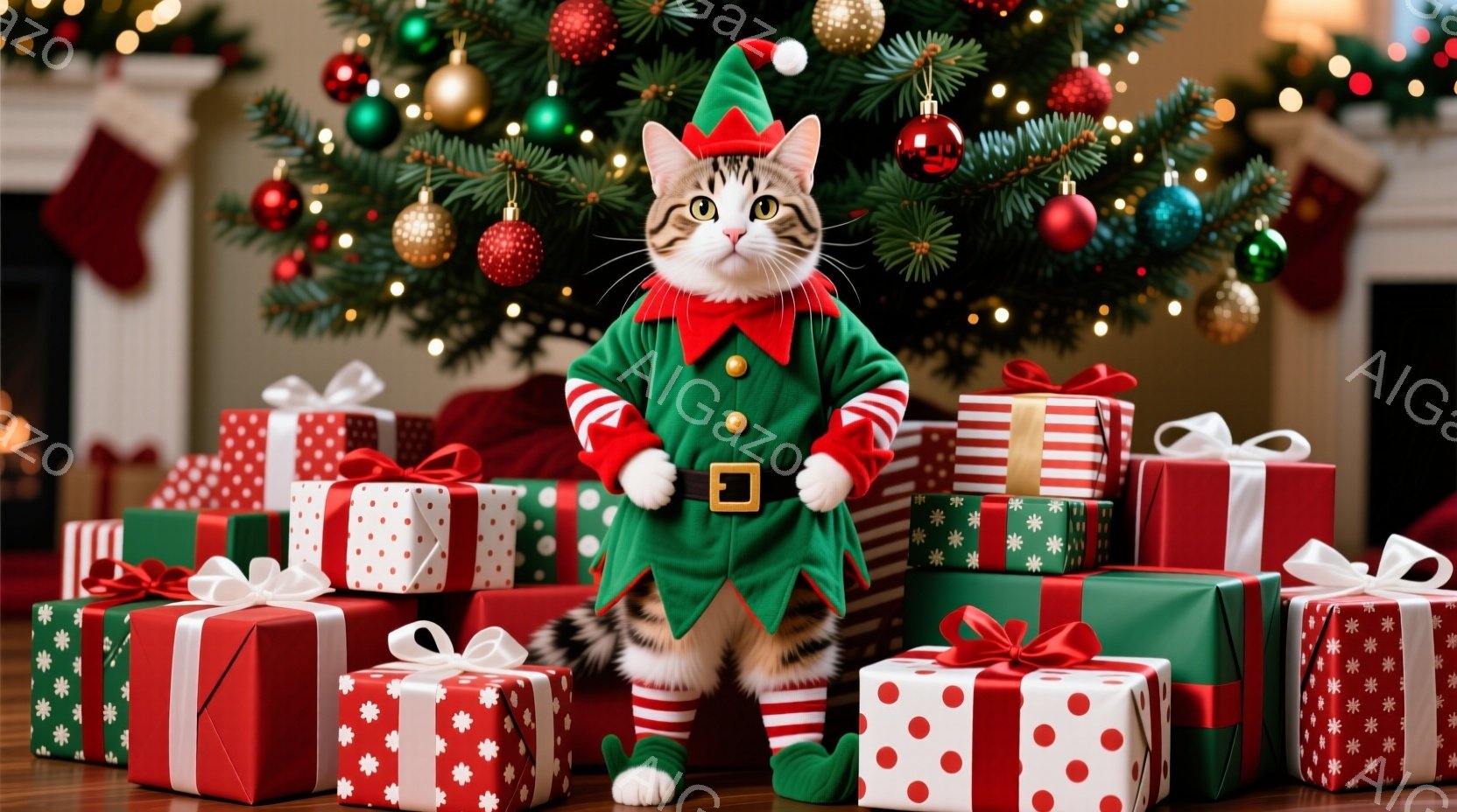 白と茶色の猫が、緑色のエルフの衣装を着て、プレゼントの山の上に立っています。エルフの衣装は、赤い縁取りと金色のバックルが特徴で、赤い縞模様の靴下をはいています。背景には、クリスマスツリーが飾られ、暖か - AI生成フリー素材