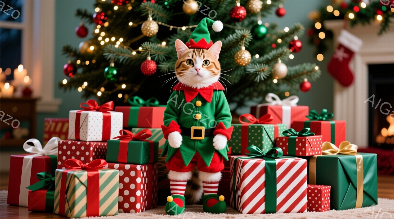 茶色の縞模様の猫が、緑と赤の妖精の衣装を着てプレゼントの山に座っています。衣装には、赤い襟と帽子、白い縞模様の靴下、緑色のボディが含まれており、猫はまっすぐ前を見て穏やかな表情をしています。背景にはク - AI生成フリー素材