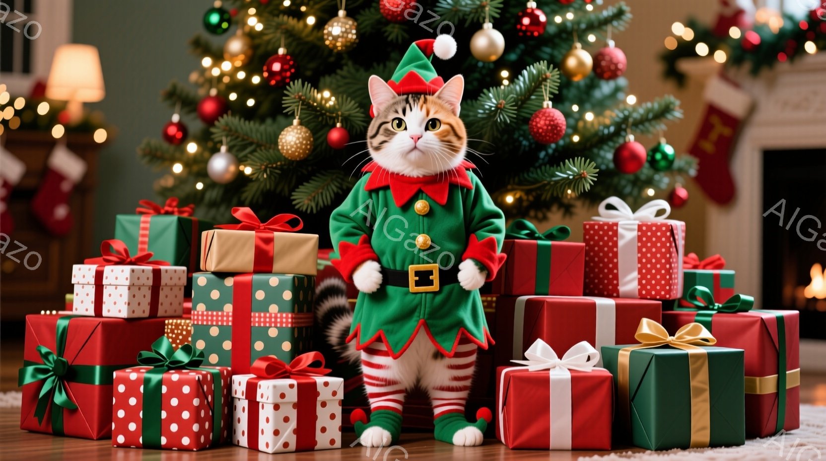 白と茶色の猫がクリスマスエルフの衣装を着てプレゼントの山の上に立っています。緑色の衣装は、赤いラインと金色のバックルで飾られ、猫の足元には赤い縞模様の靴下があります。背景には、明るいオーナメントで飾ら - AI生成フリー素材