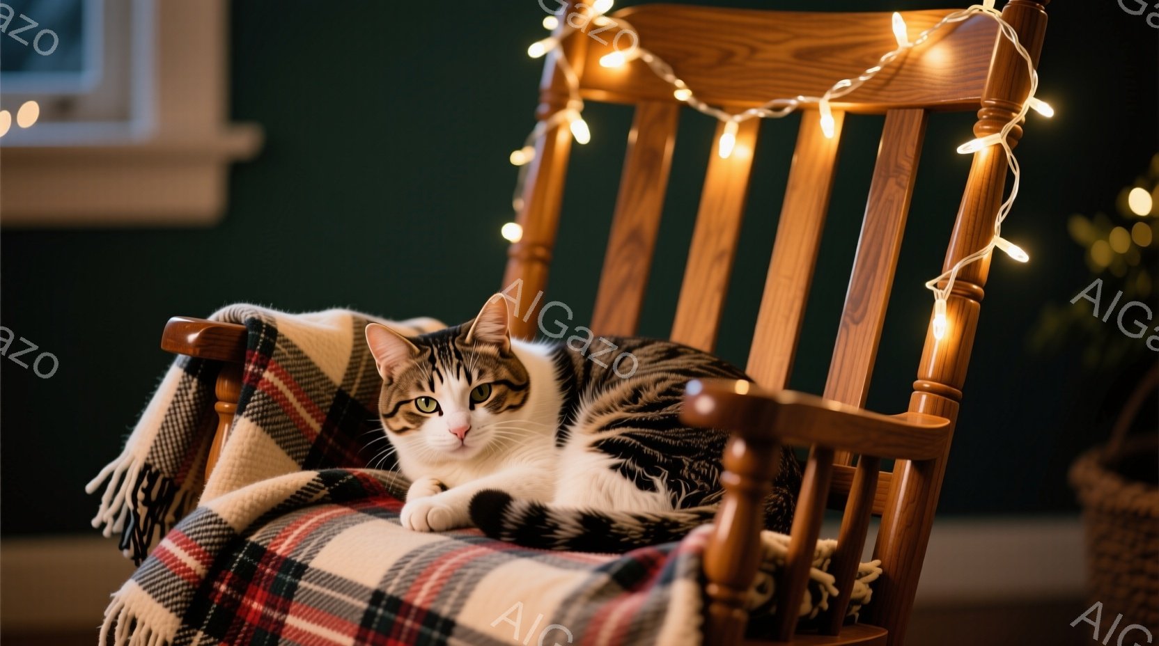 白と黒の模様の猫が揺り椅子にゆったりと横たわっており、落ち着いた表情でカメラを見つめている。椅子には赤と白のチェック柄のブランケットがかけられ、背景には緑色の壁と、ぼんやりと見える植物やバスケットがあ - AI生成フリー素材