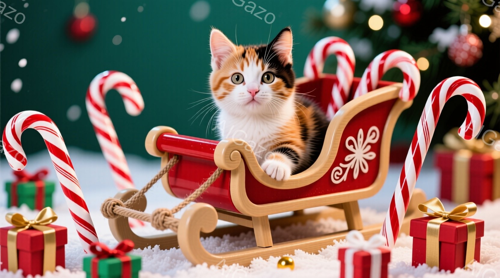 白、茶色、黒のまだら模様の小さな子猫が、赤いそりに座ってこちらを見ています。背景には緑のクリスマスツリーや、赤色のプレゼントボックス、そしてキャンディケーンが散りばめられており、雪の上に置かれたように - AI生成フリー素材
