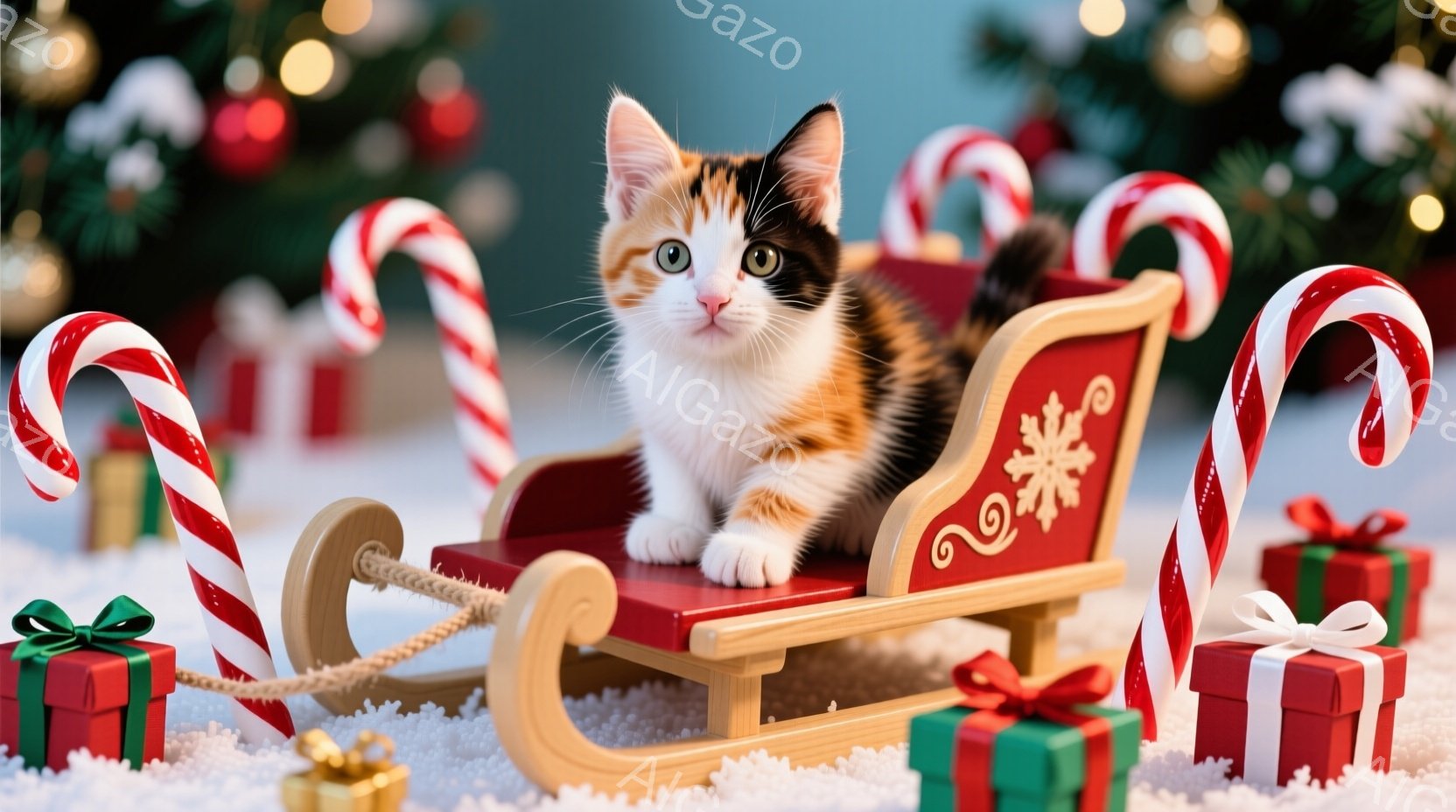 白とオレンジ色のまだら模様の小さな子猫が、赤いそりに座ってこちらを見ています。そりは木製で、雪の上に置かれ、周りにはキャンディケーンや赤いリボンと緑の飾りで飾られたプレゼントの箱が散らばっています。背 - AI生成フリー素材