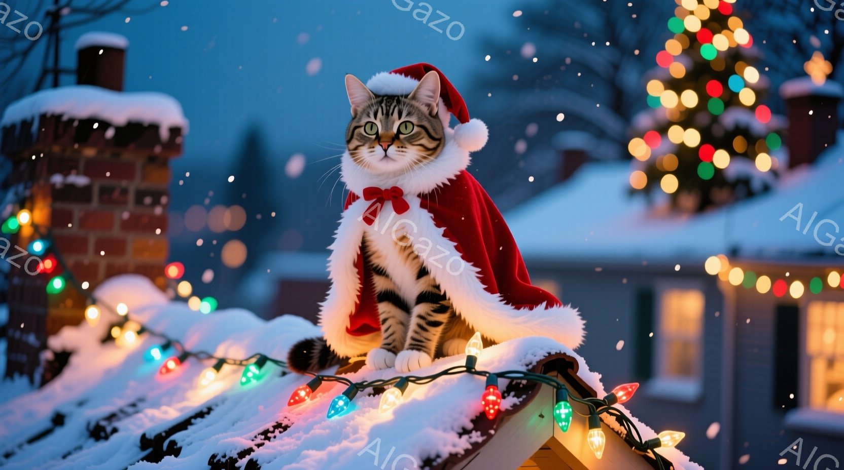 白い縞模様の猫がサンタクロースの帽子と赤いマントを身に着けて、雪の積もった屋根の上に座っています。その表情は落ち着いていて、まるでクリスマスを楽しんでいるかのようです。背景には点灯したクリスマスライト、煙突、そして遠くに見える家々があり、冬の暖かく幻想的な雰囲気を醸し出しています。