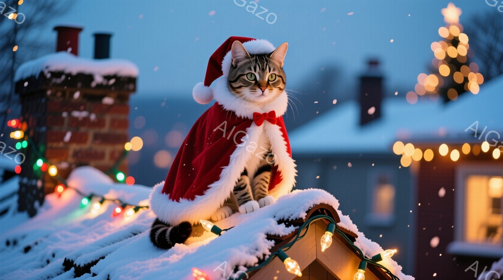 縞模様の猫がサンタクロースの帽子と赤いマントを着て、雪積もった屋根の上に座っています。猫は前をまっすぐ見ており、少し誇らしげな表情をしています。背景には、クリスマスライトで飾られた家々、雪の降る冬の景 - AI生成フリー素材