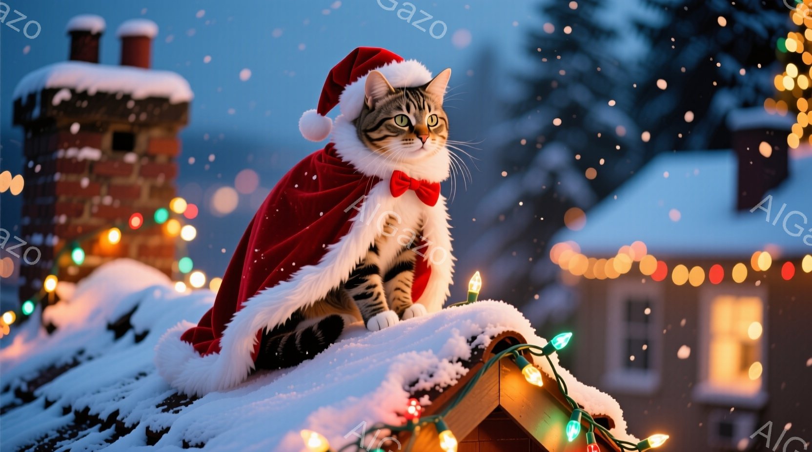 茶色の縞模様の猫が、クリスマスの赤い帽子とマフラーを身につけ、雪の積もった屋根の上に乗っています。その表情はどこか余裕があり、遠くを見つめています。背景には、クリスマスイルミネーションが輝き、雪景色が - AI生成フリー素材