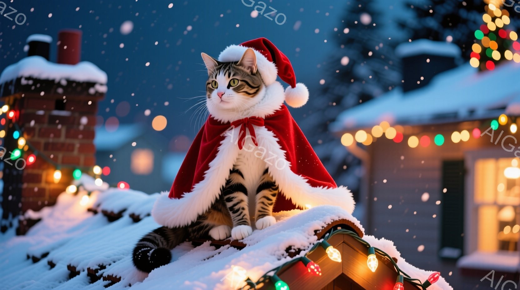 白と茶色のまだら模様の猫が、赤いサンタの帽子とマントを身につけ、雪に覆われた屋根の上に座っています。猫は前方をまっすぐ見つめており、その表情は穏やかで落ち着いています。背景には、クリスマスライトで飾られた建物と、雪が舞う夜空が広がっており、冬の暖かく幻想的な雰囲気を醸し出しています。