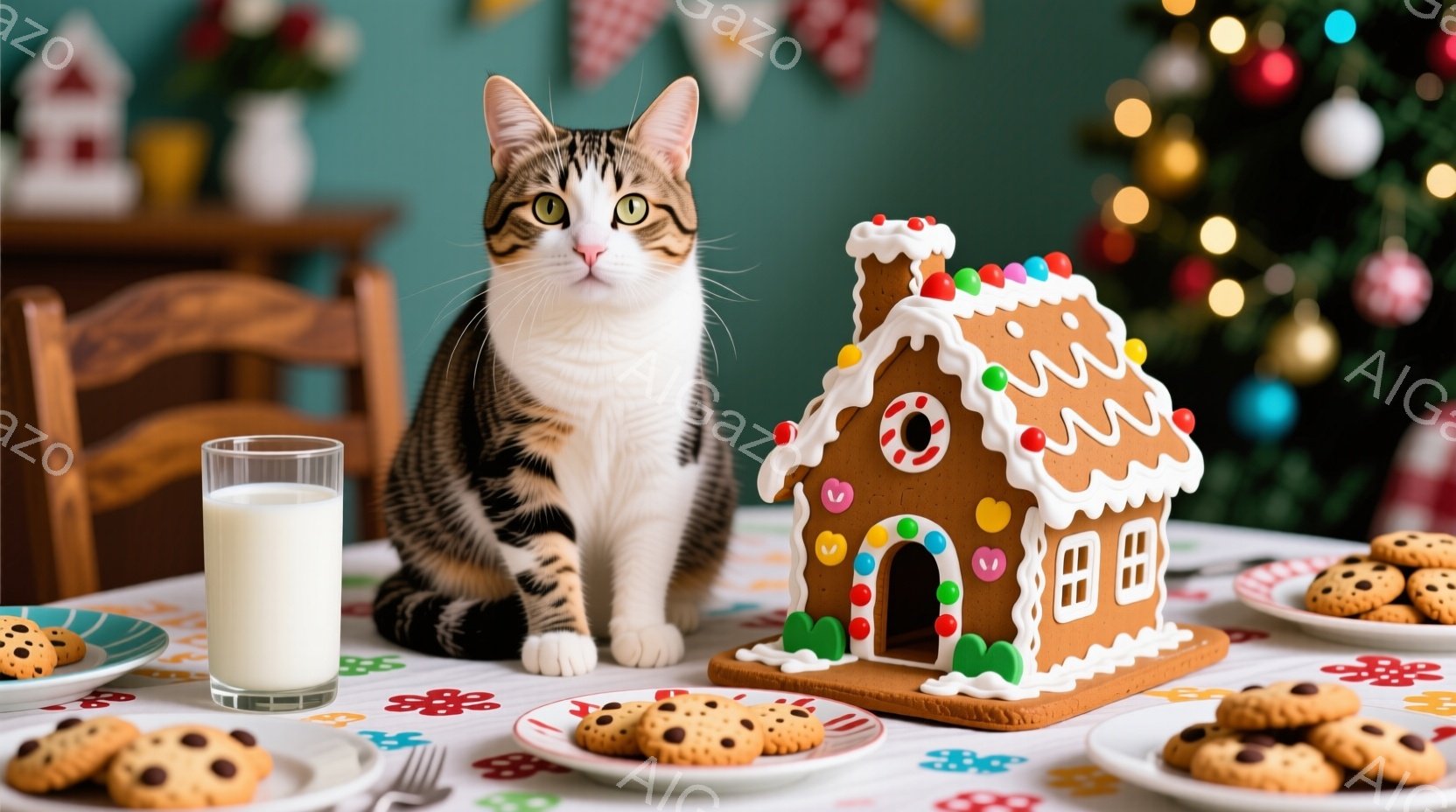 家庭のような宴会風の場面を表現している。中心に座った猫は、その身長やポジションから注目される。猫は人間のように椅子に座り、食事用のプラートに眼を合わせている。背景にはクリスマスの雰囲気があり、家庭でよく見られるクッキーやサンタクロースなどの装飾が整っている。全体的に、幸福で落ち着いた雰囲気が感じられる。