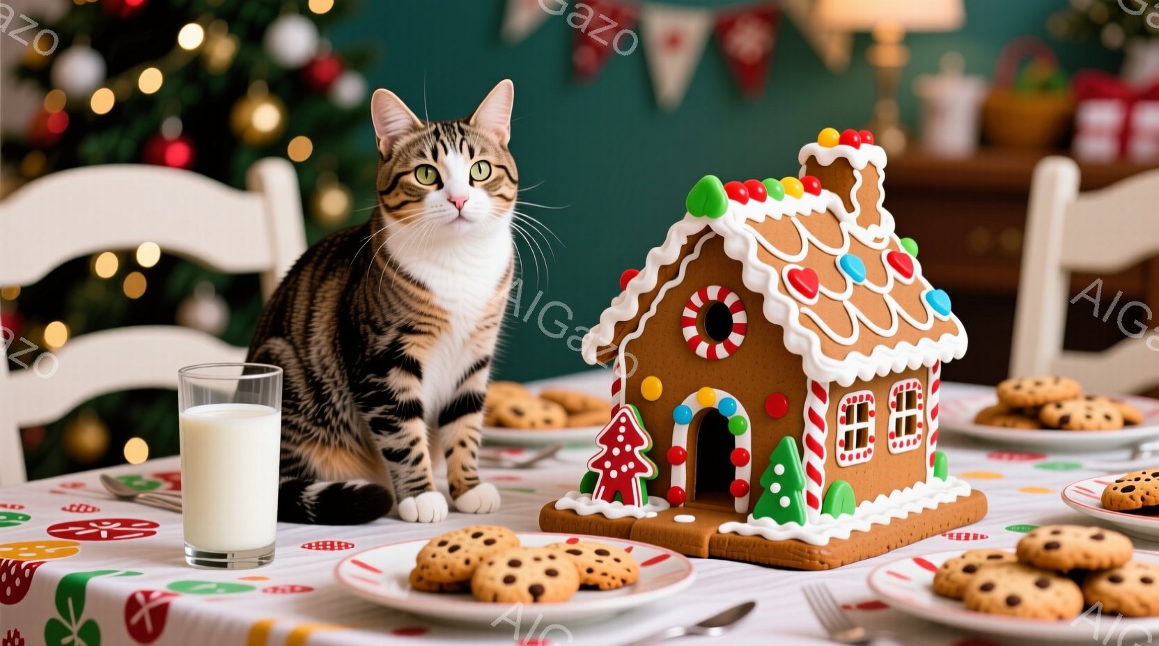 テーブルの上には、ジンジャーブレッドハウスとクッキー、そして牛乳のグラスが置かれています。縞模様の猫がジンジャーブレッドハウスの隣に座り、正面を見て何かを期待しているような表情をしています。背景にはぼ - AI生成フリー素材