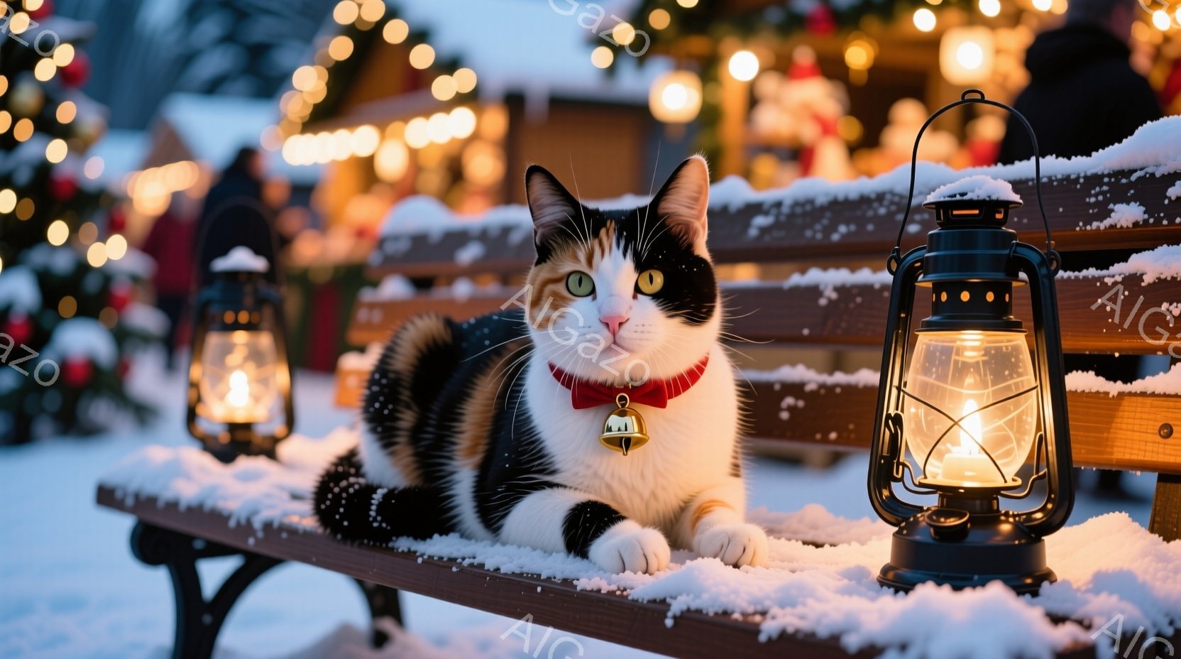 白と黒の猫が、雪が積もったベンチに横たわっています。赤い首輪と鈴をつけており、リラックスした表情でこちらを見ています。背景にはクリスマスのイルミネーションが輝き、暖かく幻想的な冬の雰囲気を醸し出してい - AI生成フリー素材