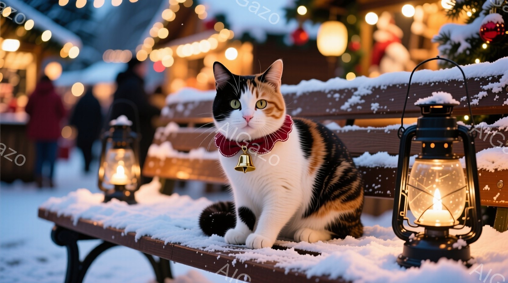 白と黒のぶち模様の猫が、雪が積もったベンチに座ってこちらを見ています。赤い首輪には小さな金のベルが付いており、冬の夜の暖炉のような灯りが灯ったランタンが近くに置かれています。背景にはぼんやりと人影が見 - AI生成フリー素材