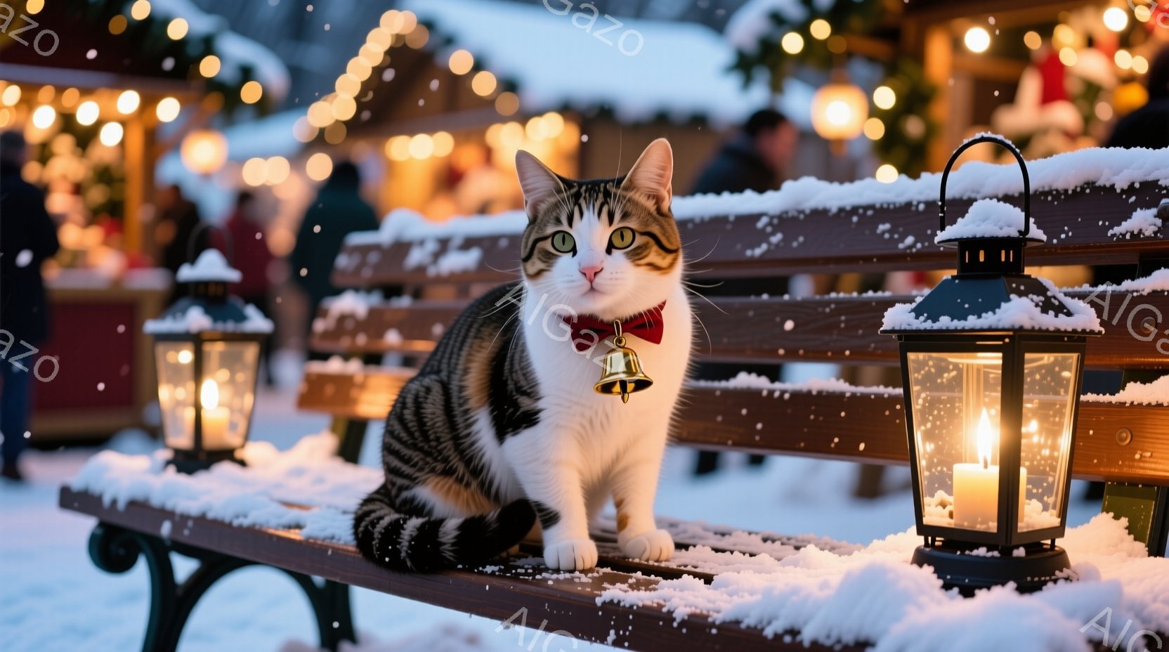 白と茶色の縞模様の猫が、雪が積もったベンチに座っています。赤い蝶ネクタイをつけ、正面を見つめています。背景には、キャンドルが灯ったランタンやぼんやりとした人影、そして雪が舞う夜の風景が広がっており、冬 - AI生成フリー素材