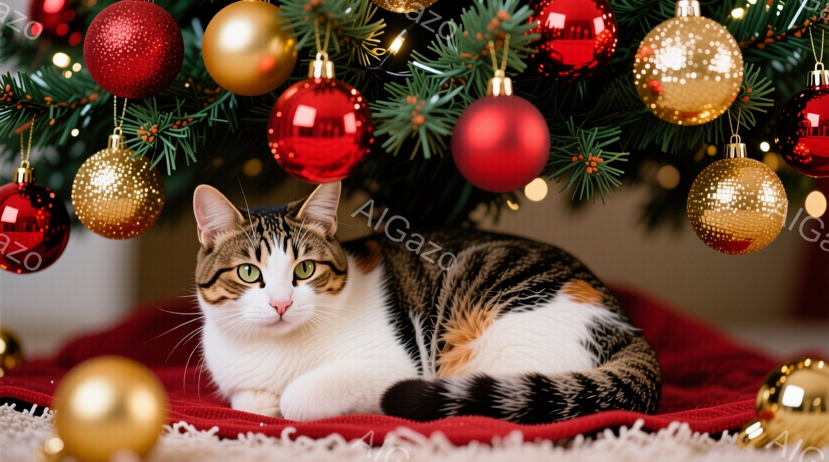 白と茶色のまだら模様の猫が、赤い毛布の上にうつ伏せになってリラックスしています。背景にはクリスマスツリーの緑の葉と、赤と金のオーナメントが散りばめられており、暖かく華やかな雰囲気です。猫は穏やかな表情 - AI生成フリー素材