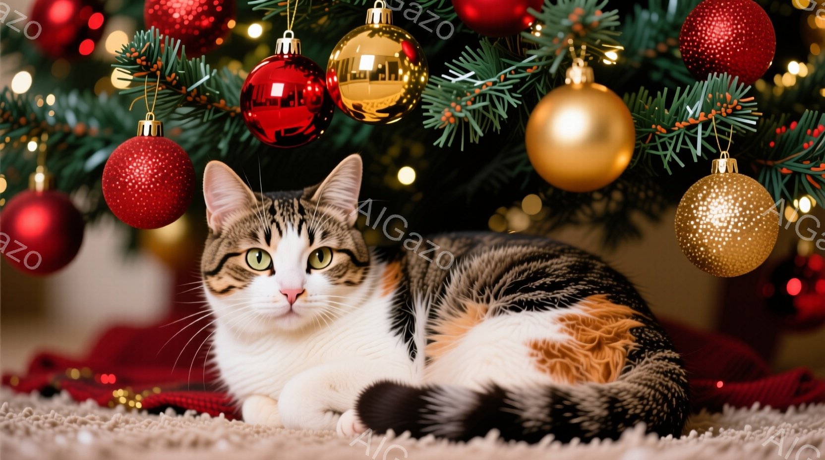白と茶色のまだら模様の猫が、赤い毛布の上でリラックスして横たわっています。猫はカメラの方を見ており、穏やかで満足そうな表情をしています。背景には、赤や金のオーナメントで飾られたクリスマスツリーがあり、 - AI生成フリー素材