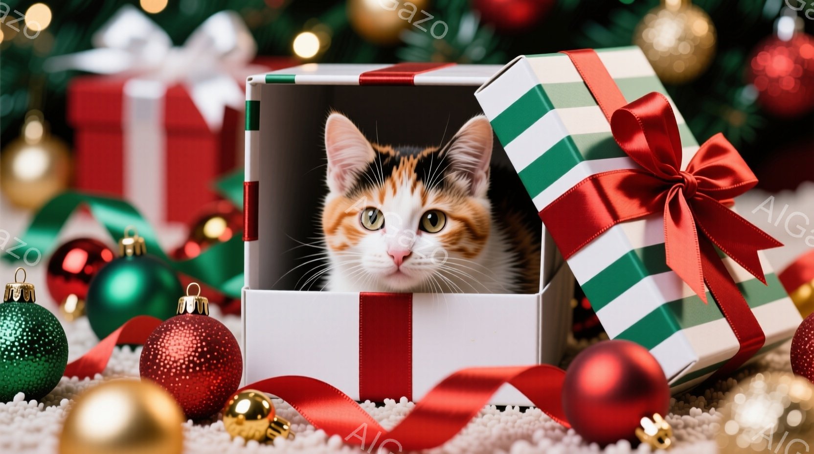 白いギフトボックスの中に、三毛猫が顔を出しています。猫は緑色の目に輝きをたたえ、少しいたずらっぽい表情でこちらを見ています。背景には、赤い、緑、金色のクリスマスオーナメントが散りばめられ、暖かい祝祭の雰囲気を醸し出しています。