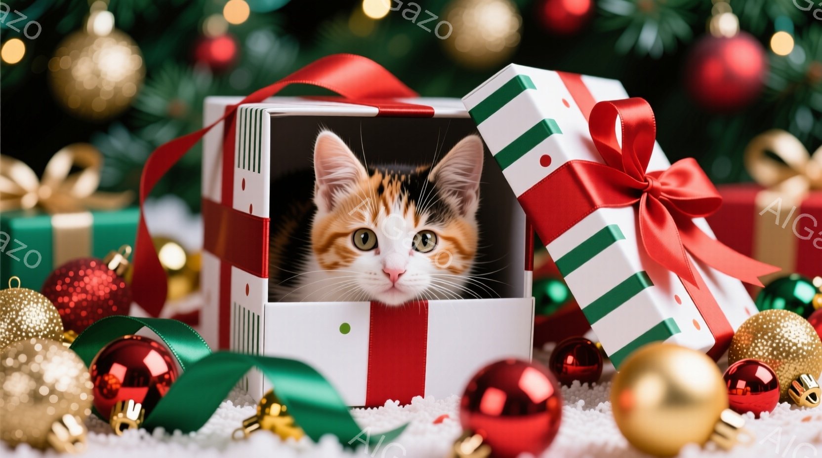 オレンジと白の模様をした子猫が、緑と赤のリボンで飾られた白いギフトボックスの中に顔を出しています。 周りには、赤や金色のクリスマスオーナメントが散らばり、雪のような白いものが敷き詰められています。 全 - AI生成フリー素材