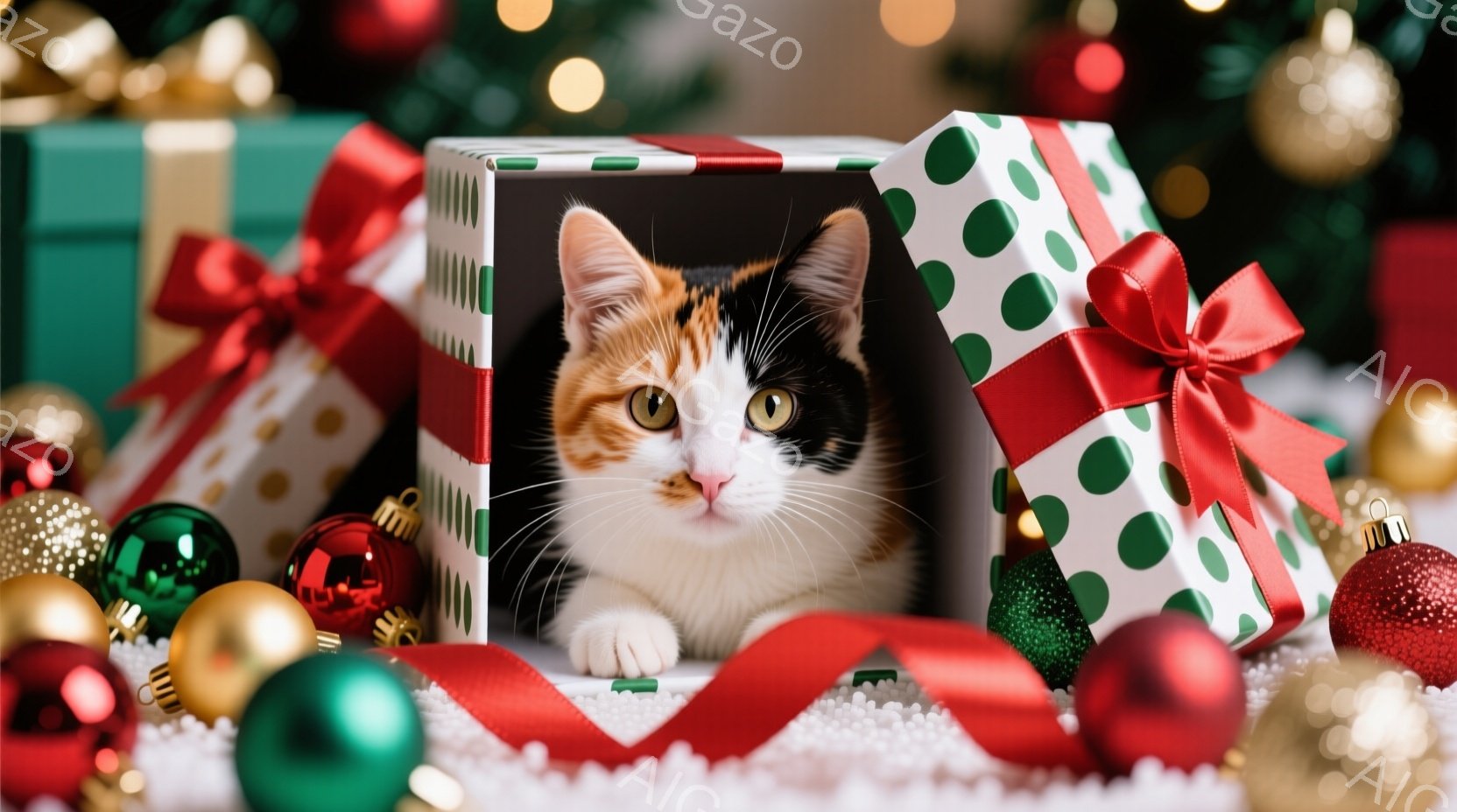 白、茶色、黒のまだら模様の猫が、緑色の水玉模様のリボンで飾られた赤いギフトボックスの中に座っています。猫はカメラに向かって少し驚いた表情で、片方の前足を箱の縁にかけ、好奇心旺盛な目をしています。背景には、金や緑のクリスマスオーナメントが散りばめられ、お祝いの雰囲気が漂っています。