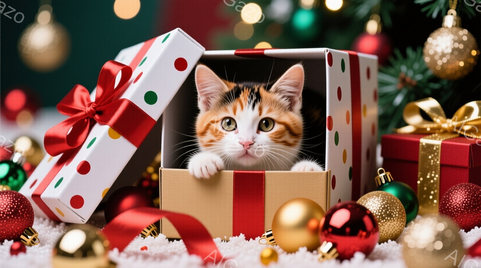 オレンジ、白、茶色の縞模様の小さな子猫が、赤いリボンと水玉模様のギフトボックスから顔を出しています。ボックスは開いており、子猫は好奇心旺盛な表情で前足を箱の縁にかけ、まるで遊んでいるようです。背景には、様々な色のクリスマスオーナメントや白い雪が散りばめられ、温かくお祝いムードに満ちた雰囲気です。