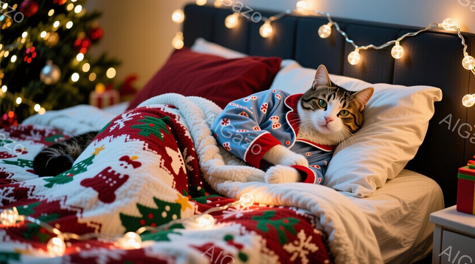 ベッドの上に、クリスマス柄のパジャマを着た猫が横たわっています。猫は白い背景に赤と青のクリスマス模様が描かれたパジャマを着て、リラックスした表情で、まるで人間のように眠っているかのように見えます。背景 - AI生成フリー素材