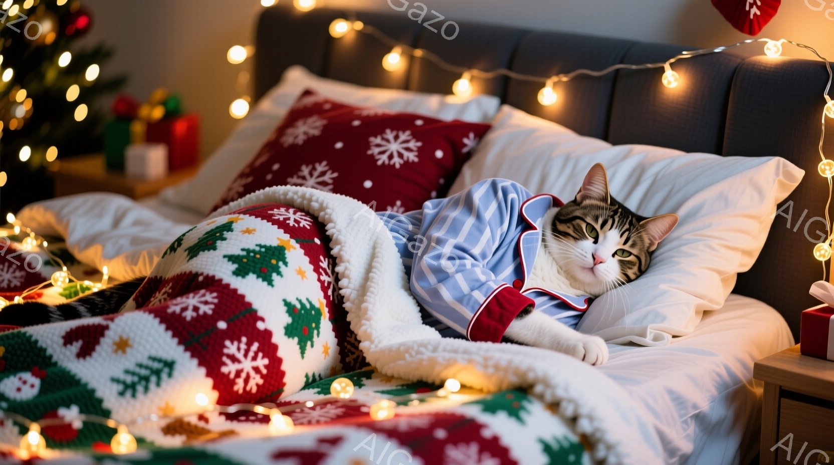 白と茶色の縞模様の猫が、クリスマスの柄が入った毛布とパジャマを着てベッドに横たわっています。猫は片目を閉じてリラックスした表情を浮かべており、まるで眠っているかのようです。背景にはクリスマスツリーや電 - AI生成フリー素材