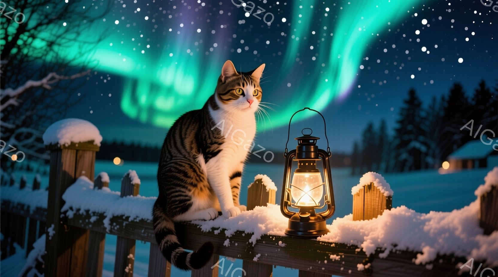 白と茶色の縞模様の猫が雪に覆われた木製の柵に座り、前方をじっと見つめています。背景には、夜空に広がるオーロラと、遠くに見える暖かい光を灯した家々が広がっています。雪が降り積もり、全体的に幻想的で静かな - AI生成フリー素材
