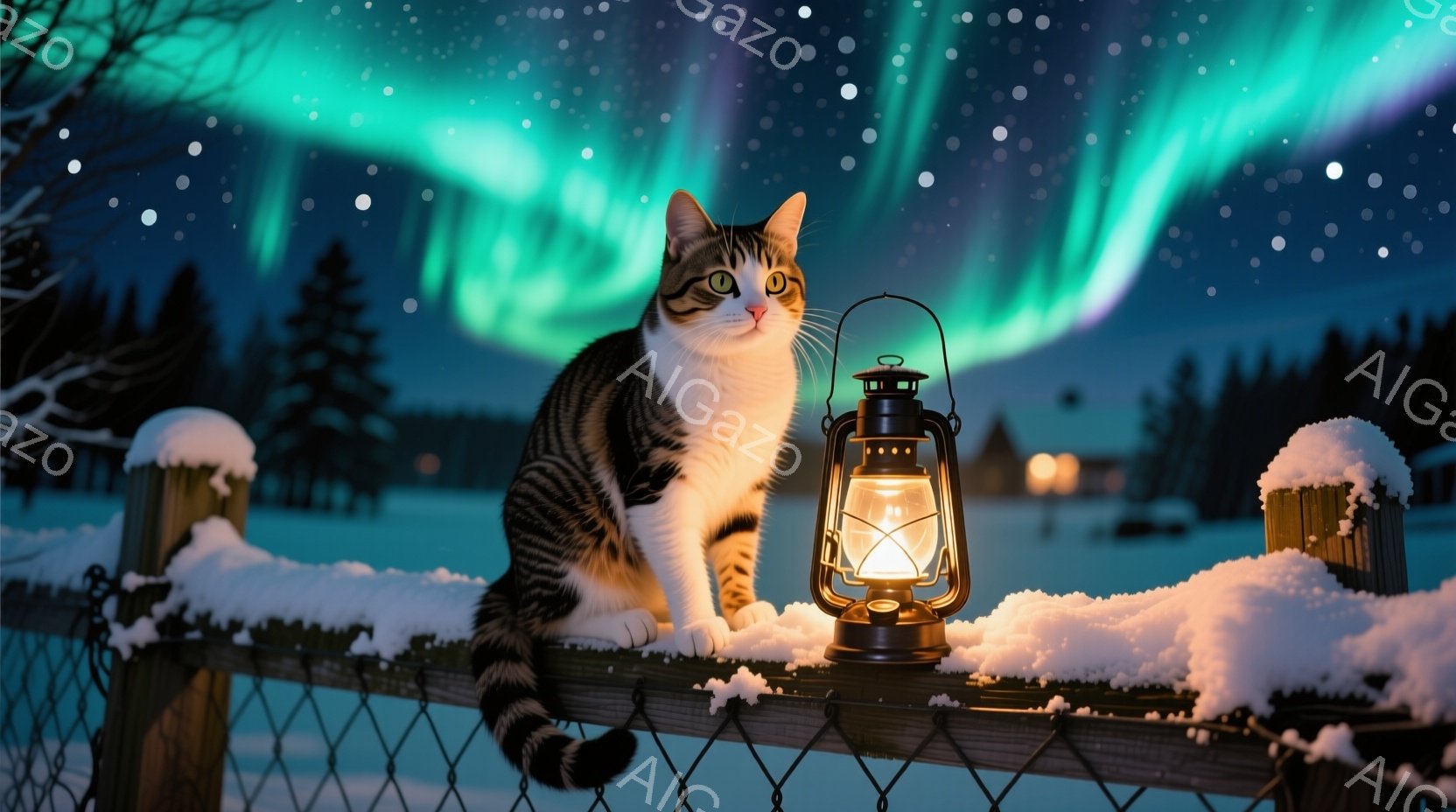 白と茶色の縞模様の猫が、雪に覆われた柵の上に座ってこちらを見ている。背景には暗い森と、オーロラが輝く夜空が広がり、暖かく光るランタンが猫の横に置かれている。全体的に、冬の静かで幻想的な雰囲気が漂ってい - AI生成フリー素材