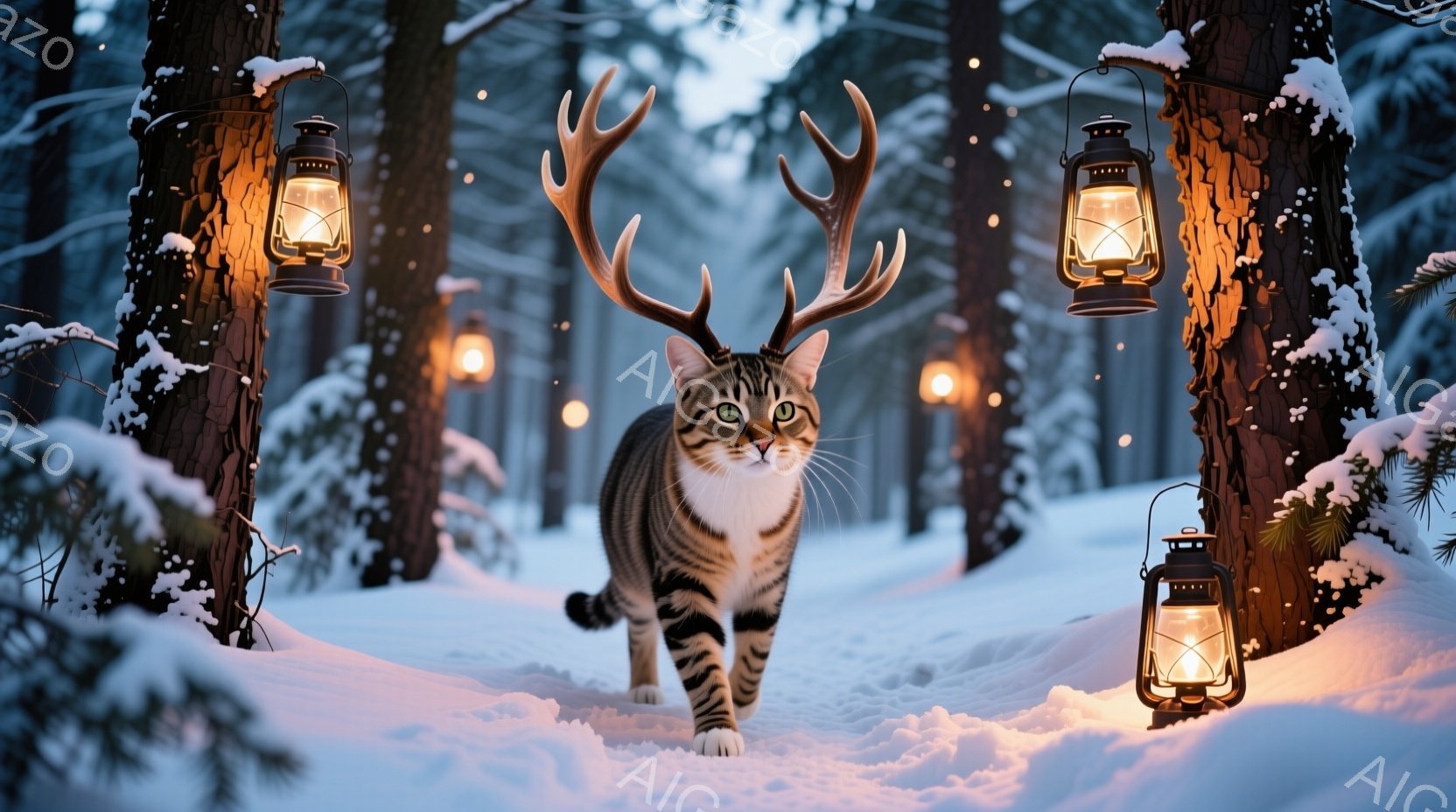 雪に覆われた森の中を、角を持つ縞模様の猫がこちらに向かって歩いてくる様子が描かれている。周囲の木々には提灯が吊るされ、暖かく幻想的な光を投げかけている。雪景色と提灯の光が組み合わさり、冬の神秘的な雰囲気を醸し出している。