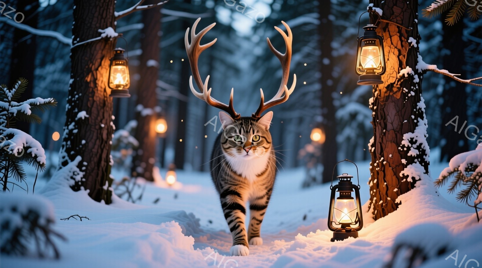 縞模様の猫が雪の中を堂々と歩いており、頭には大きな鹿の角が生えているという奇妙な姿をしている。背景には雪に覆われた木々が立ち並び、いくつものランタンが温かい光を放ち、幻想的な雰囲気を醸し出している。雪 - AI生成フリー素材