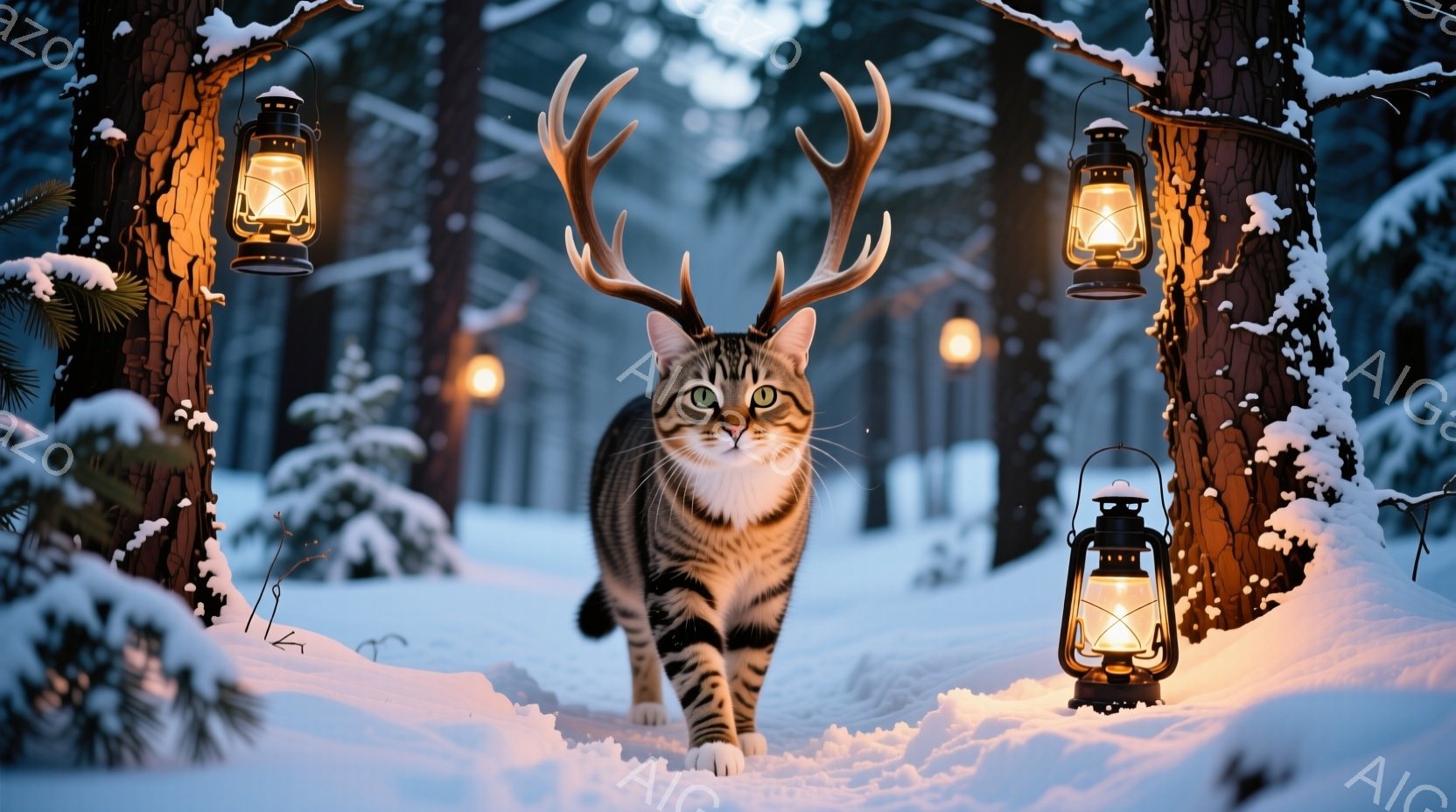 雪の中で木々が立ち並ぶ冬の景色で撮られたものです。中央には、家猫が顔を出し、とても大きな角が聴覚器官に接触しています。その周りには蛍の照明があり、雪上で歩行しているように見えます。背景は静かで寒々とし - AI生成フリー素材