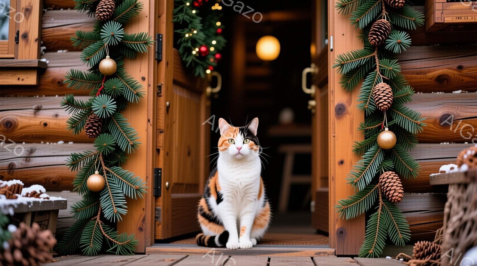 白、茶色、黒のまだら模様の猫が、クリスマスの飾り付けがされた木のドアの開いた隙間に座っています。猫は正面を見ており、わずかに警戒した表情を浮かべています。背景には木の壁とぼんやりと見える室内があり、全体的に温かく、クリスマスの雰囲気が漂う穏やかな情景です。