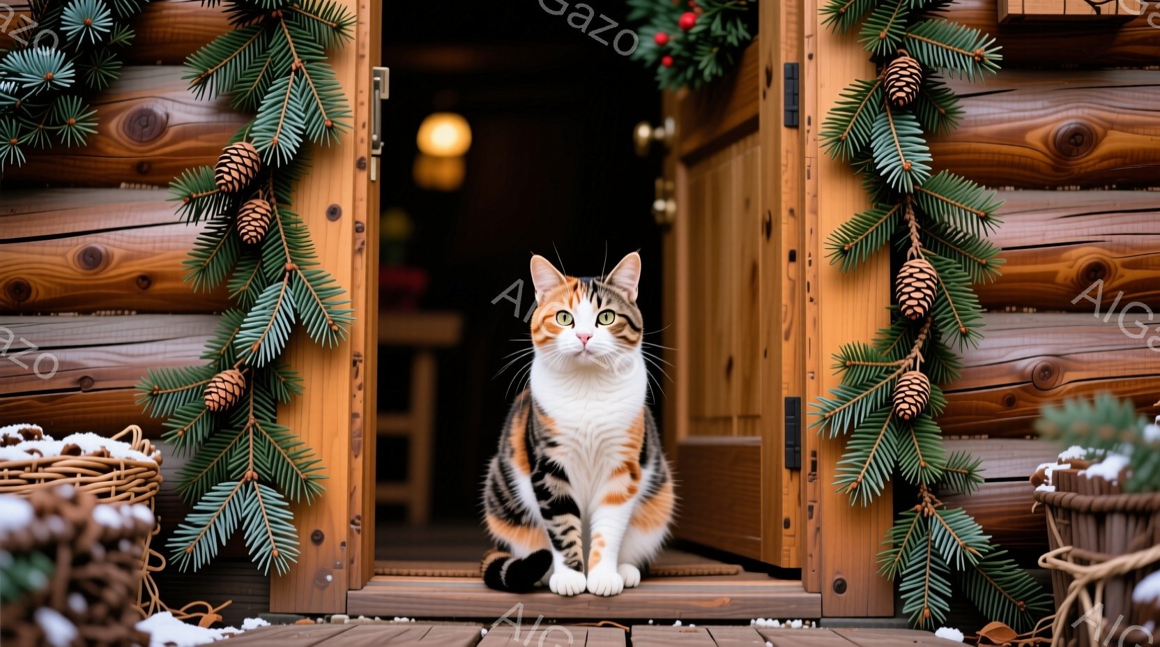 白と茶色の斑点模様の猫が、クリスマスの飾り付けが施された木のドアの入り口に座っています。猫は正面を見据え、好奇心とわずかな警戒心を感じさせる表情をしています。背景には、雪が積もった籐のバスケットと、木製の壁、そして薄暗い室内が見え、冬の暖かく穏やかな雰囲気を醸し出しています。