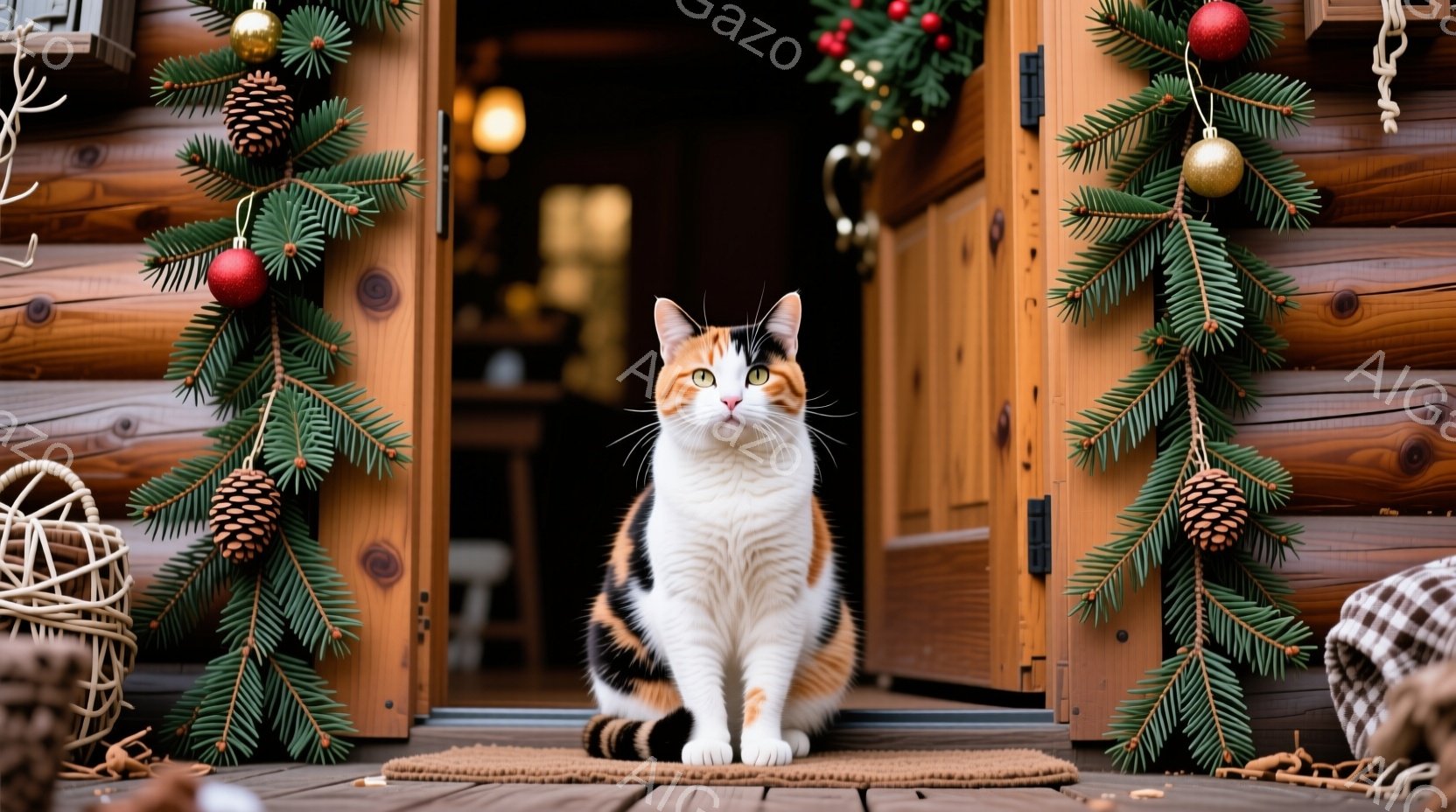 白とオレンジ色のまだら模様の猫が、木のドアの前で正面を向いて座っています。ドアはクリスマス風の装飾で飾られ、松のガーランドと松ぼっくりが掛けてあります。背景には家の内部が見え、暖かく、お祝いムードが漂うクリスマスシーズンの様子が伺えます。
