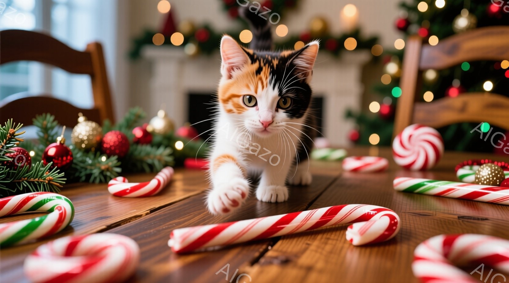 白とオレンジと黒のまだら模様の小さな子猫が、クリスマスオーナメントやキャンディケーンが散らばる木のテーブルの上を正面を見て歩いています。子猫は片足を前に出し、遊び心と好奇心に満ちた表情で、クリスマスツリーのぼやけた背景が温かい雰囲気を醸し出しています。テーブルには赤や金色の飾りがあり、季節感を強調しています。