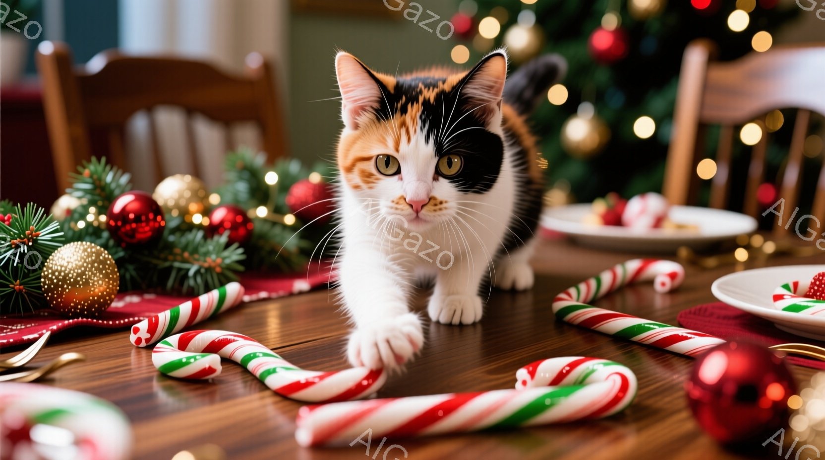 白と茶色のまだら模様の猫が、赤いテーブルクロスの上に置かれたキャンディケーンの周りを歩いています。背景には、装飾されたクリスマスツリーと赤いオーナメントが見え、暖かくお祝いの雰囲気を醸し出しています。 - AI生成フリー素材