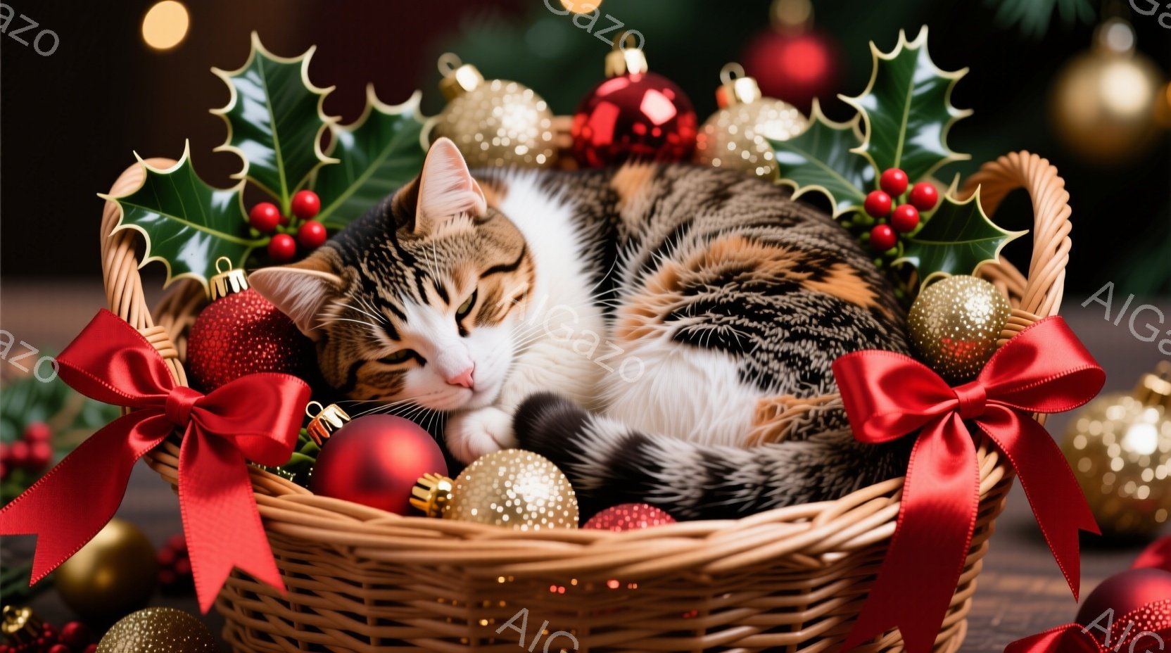 籠の中に、白と茶色の毛並みを持つ猫が丸まって眠っています。籠の周りには、赤いリボンと輝く装飾品が散りばめられ、背景にはぼやけたクリスマスツリーの光が灯っています。温かく、穏やかで、クリスマスの雰囲気を - AI生成フリー素材