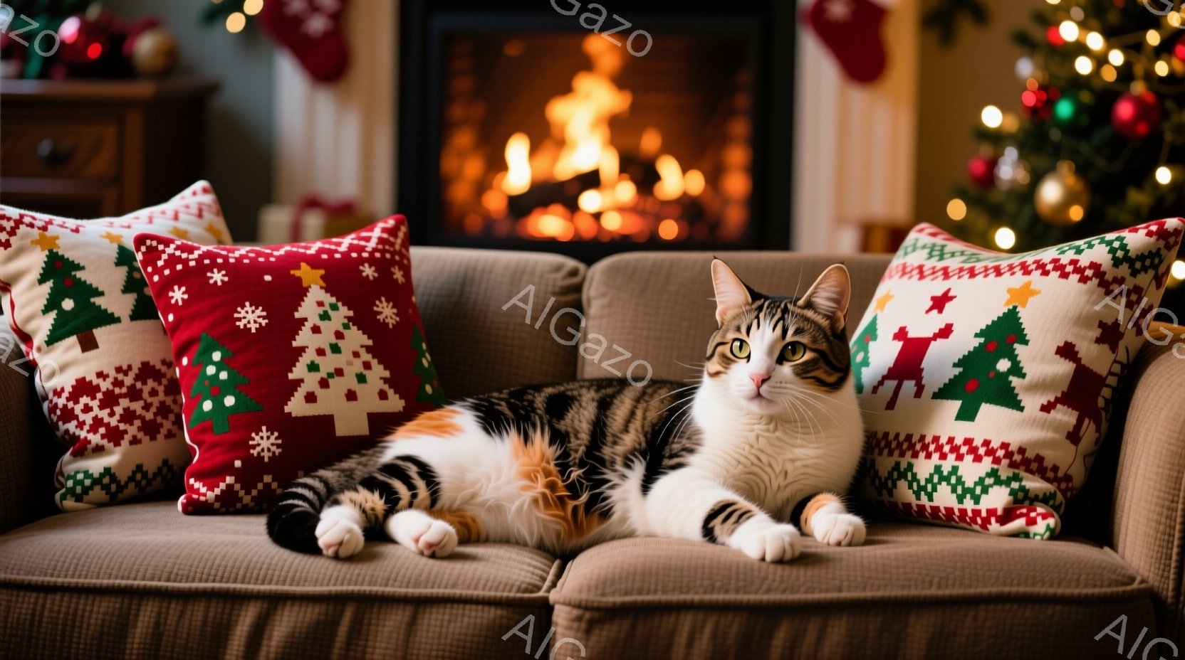 白と茶色の毛並みを持つ猫が、クリスマス柄のクッションに挟まれてソファでリラックスして横たわっています。暖炉の火が暖かく光り、背景にはクリスマスツリーの飾りが見えます。全体的に、穏やかで居心地の良い冬の - AI生成フリー素材