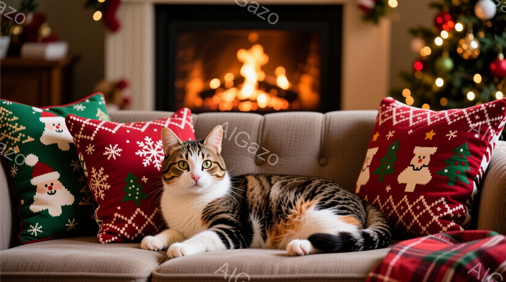 ソファに横たわる斑模様の猫が写っています。猫はリラックスした様子で、正面を見て穏やかな表情をしています。背景には、クリスマスツリーや暖炉があり、温かく心地よいホリデシーズンを連想させる雰囲気です。 - AI生成フリー素材