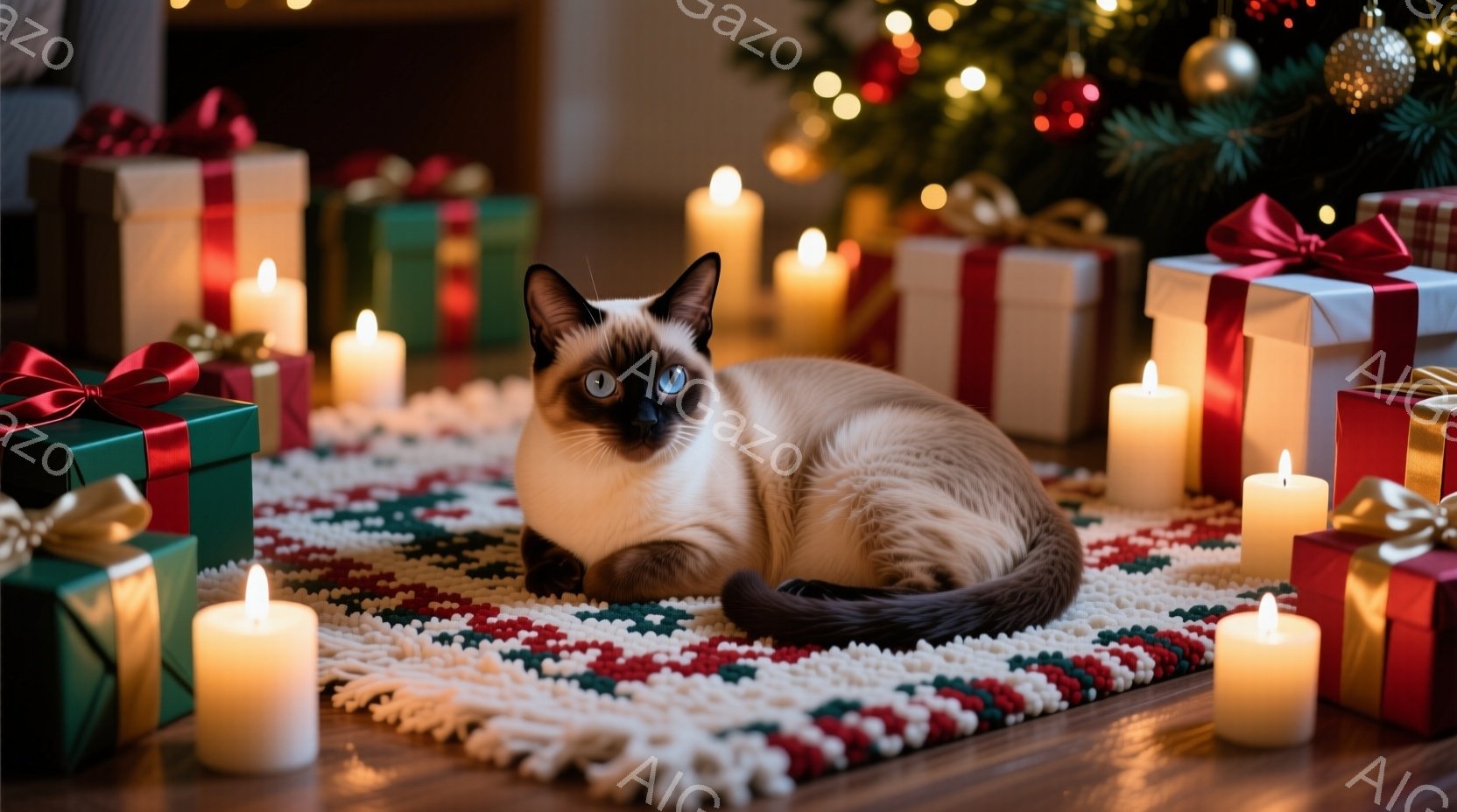 シーマ猫が、赤い、緑、白いストライプの敷物の上で前足を揃えて座っています。背景にはクリスマスツリーと、様々なラッピングのプレゼント、そして灯されたキャンドルが並び、暖かくお祝いムードに包まれています。猫は正面を見つめ、少しミステリアスで落ち着いた表情をしています。