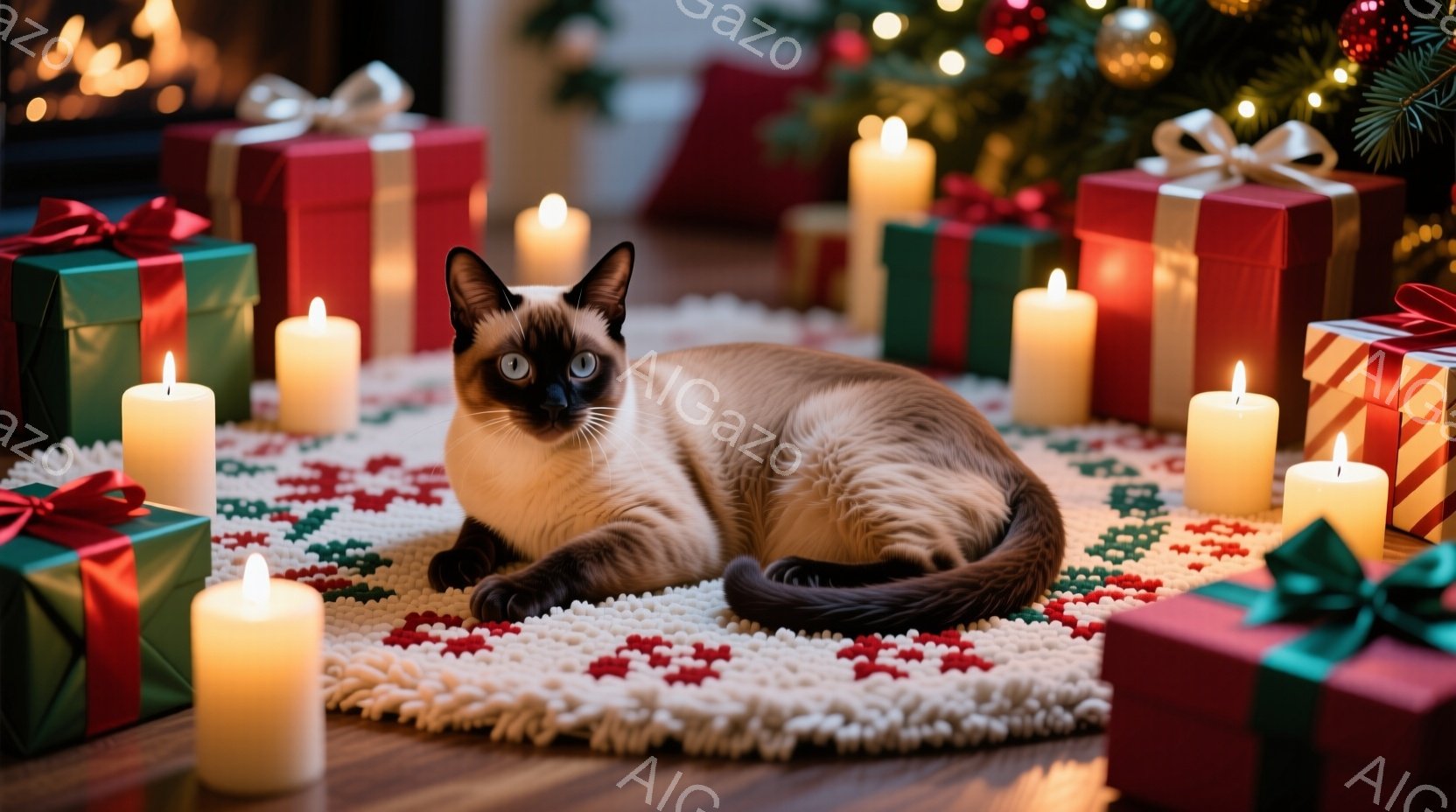 シーマ猫が赤い模様の敷物の上に横たわっており、周囲には様々な色の包装紙で包まれたプレゼントと、灯されたキャンドルが並べられています。背景にはクリスマスツリーがぼんやりと見え、暖炉の炎がちらちらと光っていることから、ホリデーシーズンを象徴する暖かく穏やかな雰囲気です。猫の視線は穏やかで、リラックスした様子が伝わってきます。
