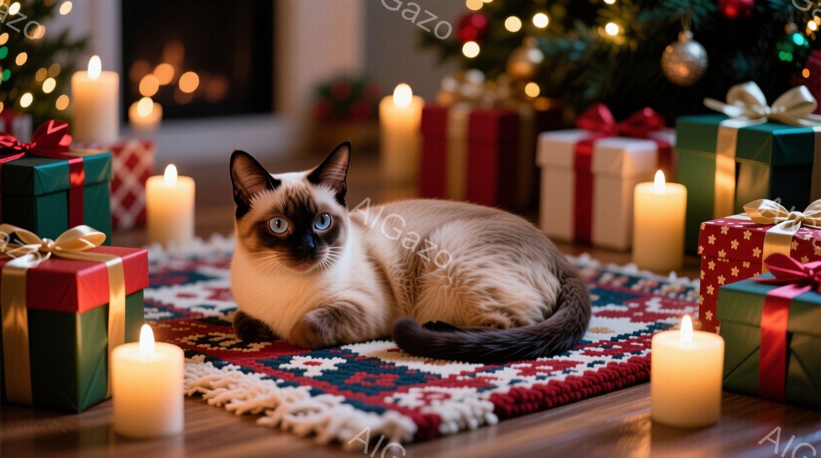 シベリアンハスキーのような毛並みの猫が、赤い背景に複雑な模様が織り込まれた絨毯の上で横たわっています。周囲にはラッピングされたプレゼントと点灯したキャンドルが配置され、暖かく居心地の良い雰囲気を醸し出しています。背景にはぼやけたクリスマスツリーが見え、全体的に温かいホリデーシーズンを連想させる穏やかな光景です。