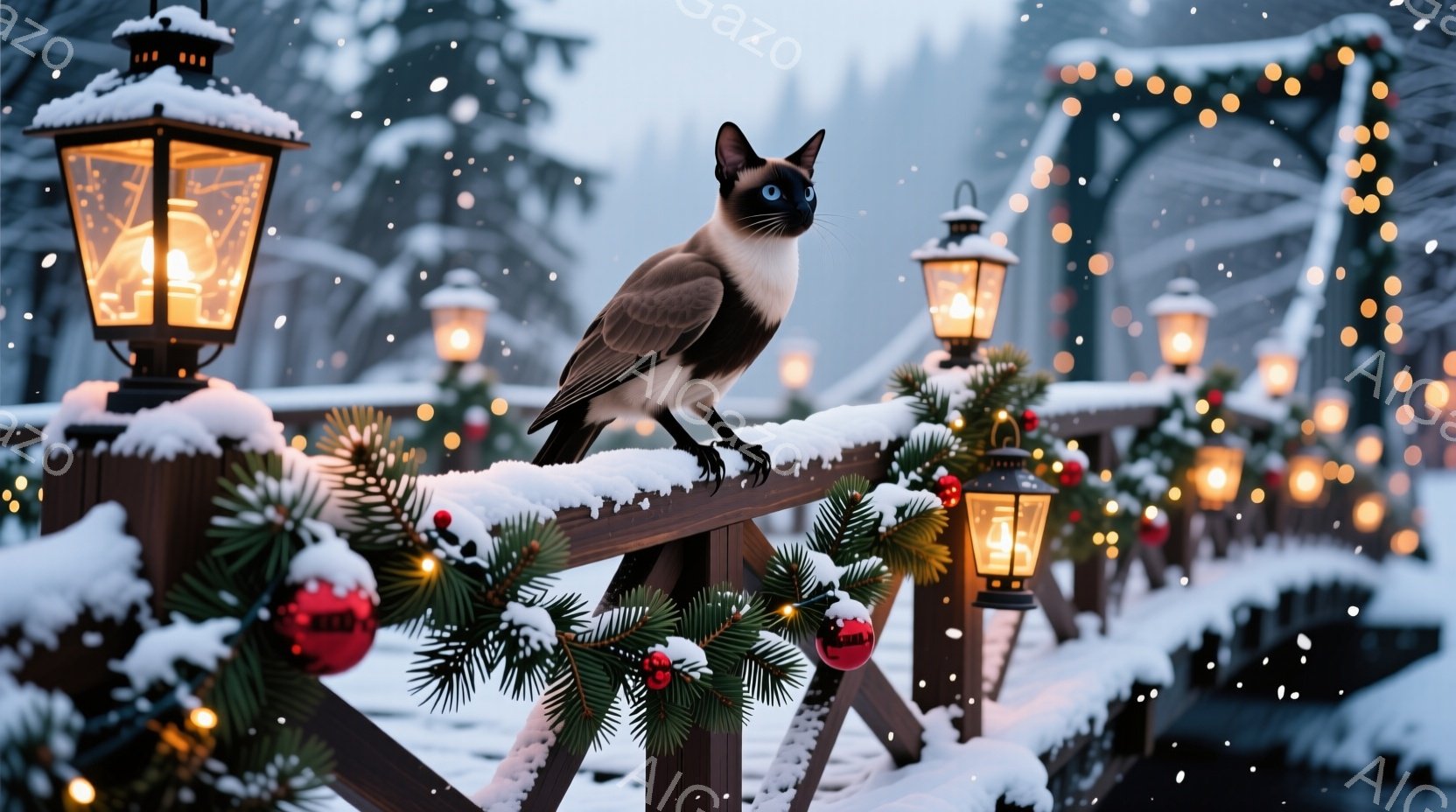 雪が舞う冬の風景の中で、柵の上にとまるシャム猫が描かれています。猫はまっすぐ前を見つめ、冬の装飾が施された柵に落ち着いた様子で佇んでいます。背景には雪で覆われた木々と、暖かい光を放つランタンが並び、穏やかで幻想的な雰囲気を醸し出しています。