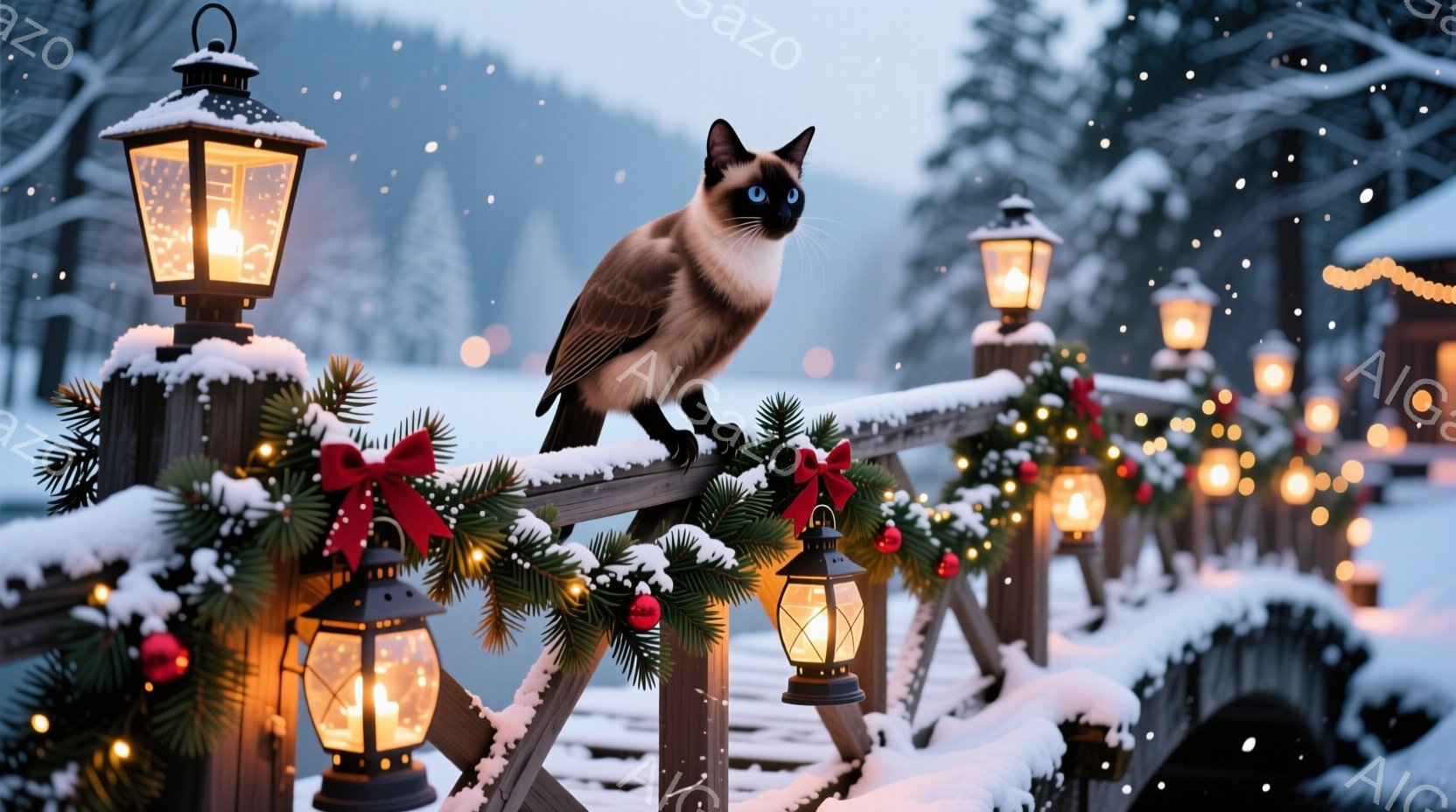 雪が降る冬の風景の中に、飾り付けられた橋の上にシャム猫が凛々と立っている。橋はクリスマスリースや赤いリボンで飾られ、周囲には温かい光を放つ提灯が並び、幻想的な雰囲気を醸し出している。背景には雪に覆われた木々やぼんやりとした建物が見え、静かで穏やかな冬の夜を表している。