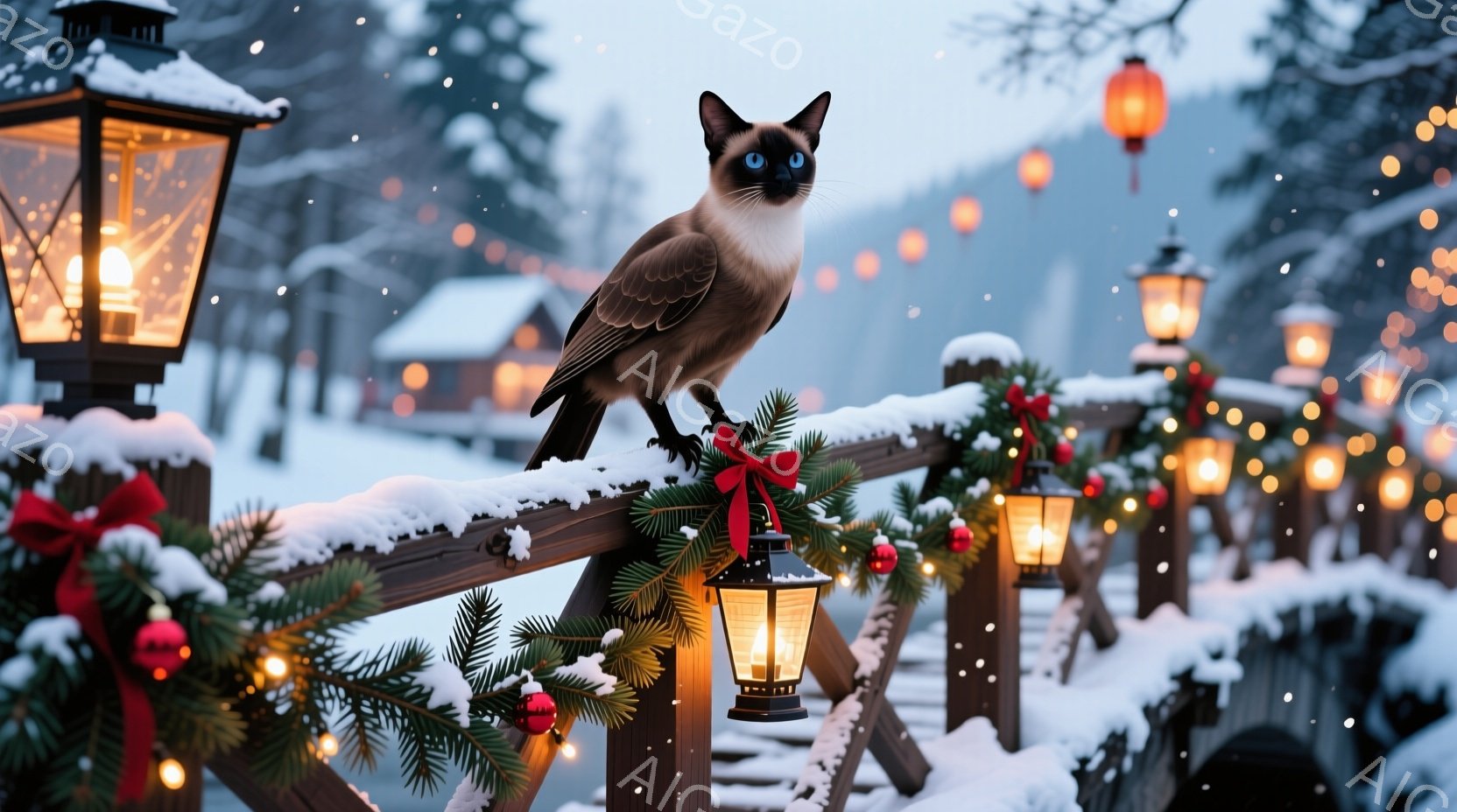 雪が舞う冬の風景の中に、柵の上に乗ったシャム猫がいます。猫は凛々しい表情で前方をじっと見つめており、周囲にはクリスマスデコレーションの松飾りや赤いリボン、そして点灯されたランタンが並び、暖かな光が雪景色を照らしています。背景には可愛らしい家々と遠くに見える山々が広がり、穏やかで幻想的な冬の雰囲気を醸し出しています。