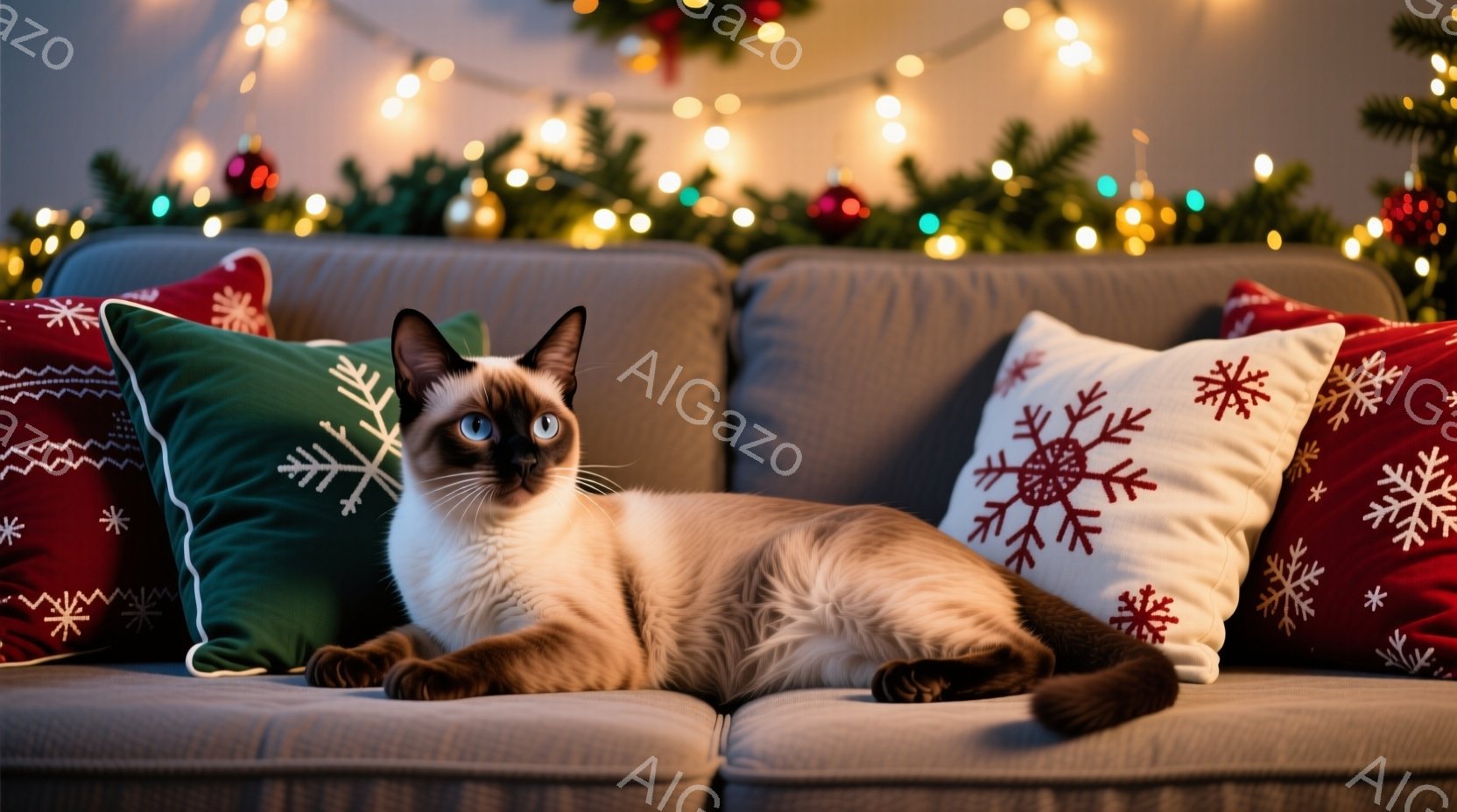 ソファに横たわるシャム猫が写っています。その猫は明るいクリーム色の毛並みで、青い目が印象的です。背景にはクリスマスの飾り付けがあり、温かく穏やかな雰囲気が漂っています。