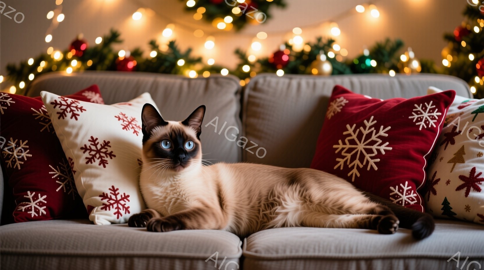 シベリアンハスキーのような毛色をした猫が、クリスマスの装飾が施されたソファーにゆったりと横たわっている。背景には、緑のガーランドと点滅するカラフルなクリスマスライトが見え、暖かくお祝いの雰囲気を作り出している。猫はリラックスした表情で、まるでホリデーシーズンを楽しんでいるかのようだ。
