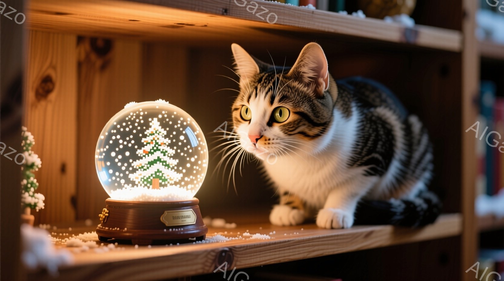 白と黒のまだら模様の猫が、クリスマスのオーナメントであるスノーグローブの隣の棚に座っています。猫は少し上目遣いで、どこかを見つめており、その表情は好奇心と警戒心が入り混じっています。背景には、他のクリ - AI生成フリー素材