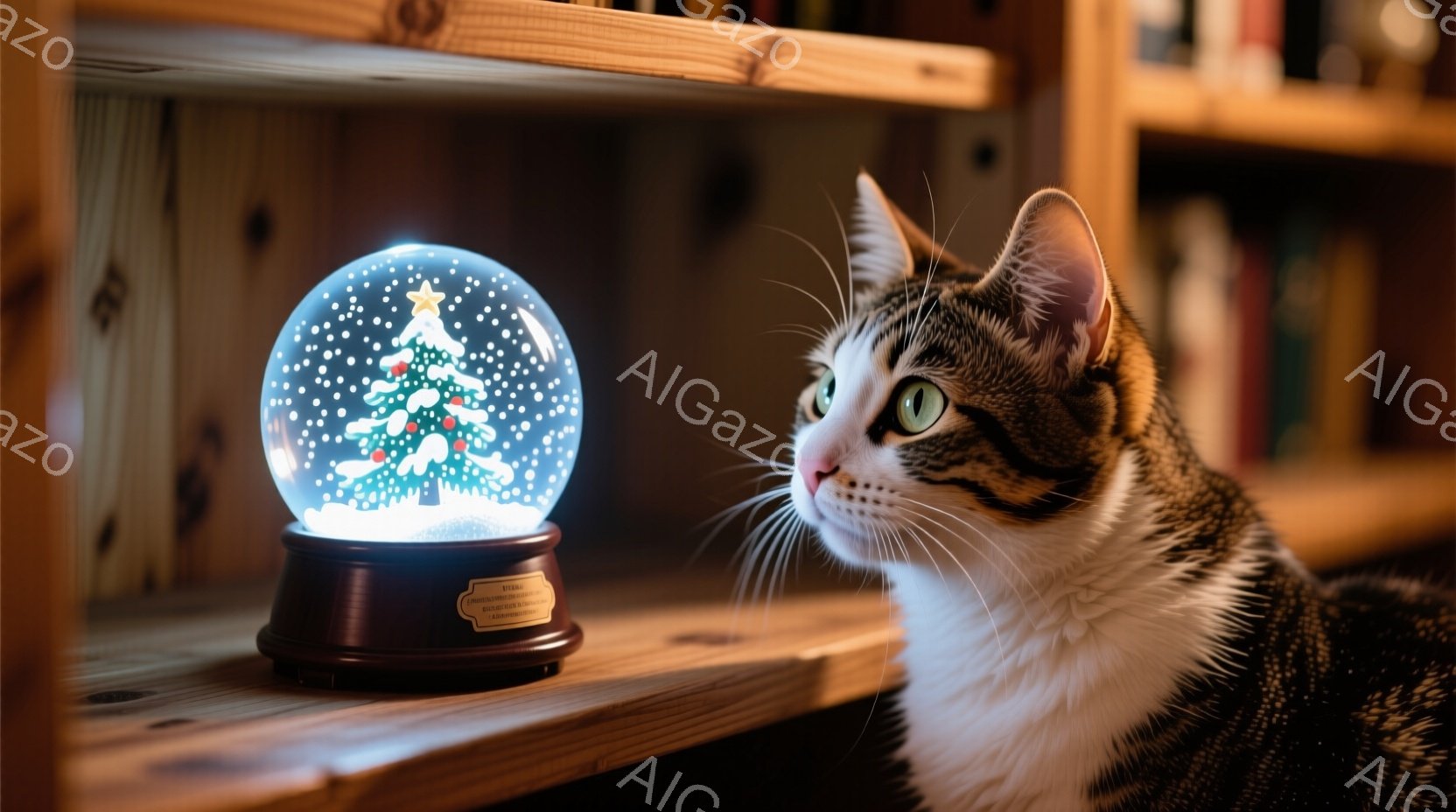 夜におけるインターアクティブなシーンです。中心にある寝そうな猫が、左手に抱えた薄いグリートグラスを通して、映った世界を注視しています。右の手は、遮光幕のようなものであり、猫が目を開けるまで待っているように見えます。