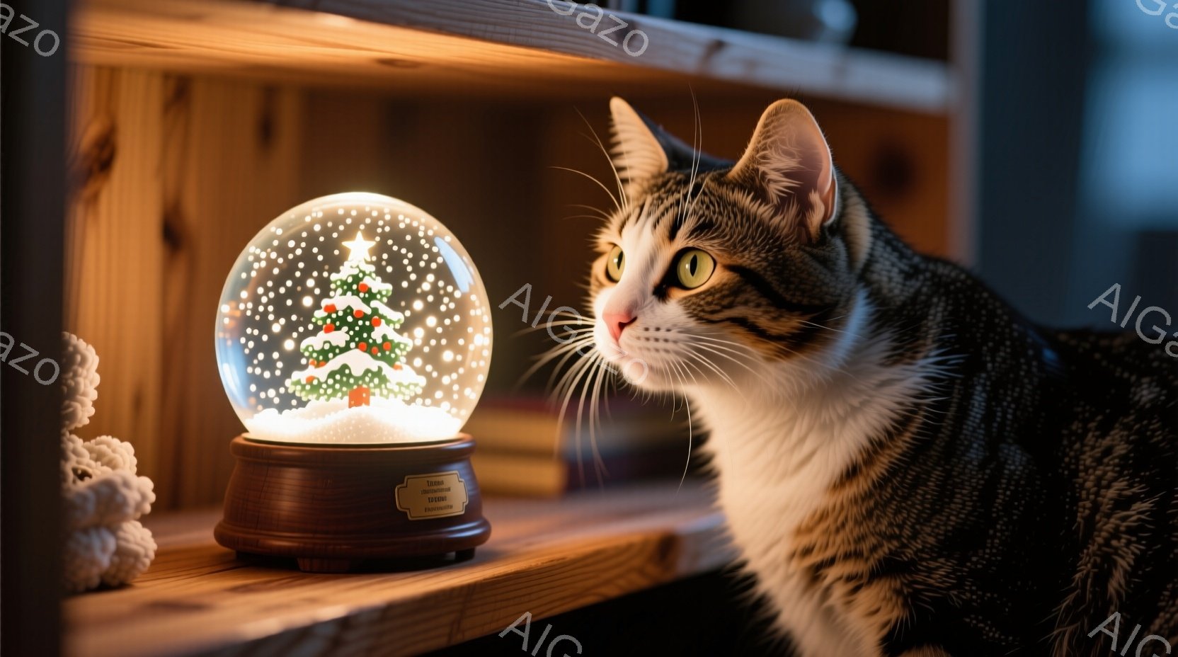 縞模様の猫が、クリスマスのスノーグローブの隣で横たわっています。猫は白と黒の毛並みで、緑色の目を持ち、何かに興味を持っているように見えます。背景には木製の棚があり、暖かい光が全体を照らし、クリスマスの季節を感じさせる穏やかな雰囲気です。