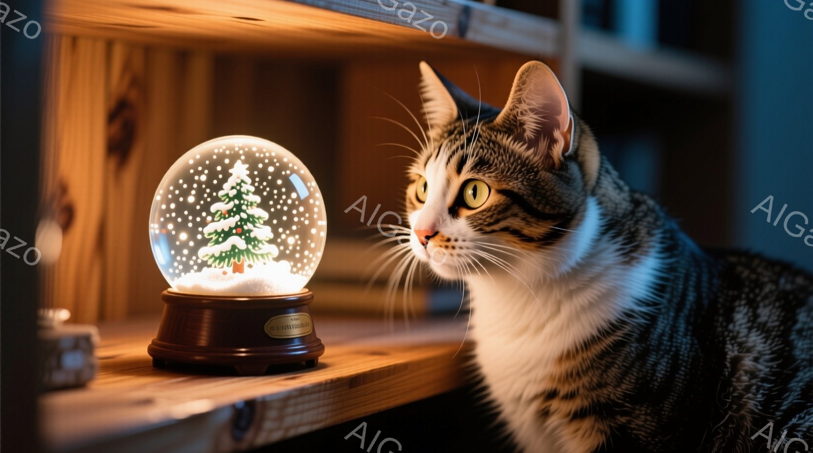 描かれた画像は、夜の中で、一匹の猫が懐かしそうな表情で、魚類の形をしたクリスマス玉に興味を持っているように見えます。猫は鋭く伸びた目で玉を覗き、前足をつき上げながら、その美しいデザインに集中しています。背景は暗い空間で、玉と猫が明るく照らされており、この場面は寂しくも心地よく、落ち着いた雰囲気を持っています。