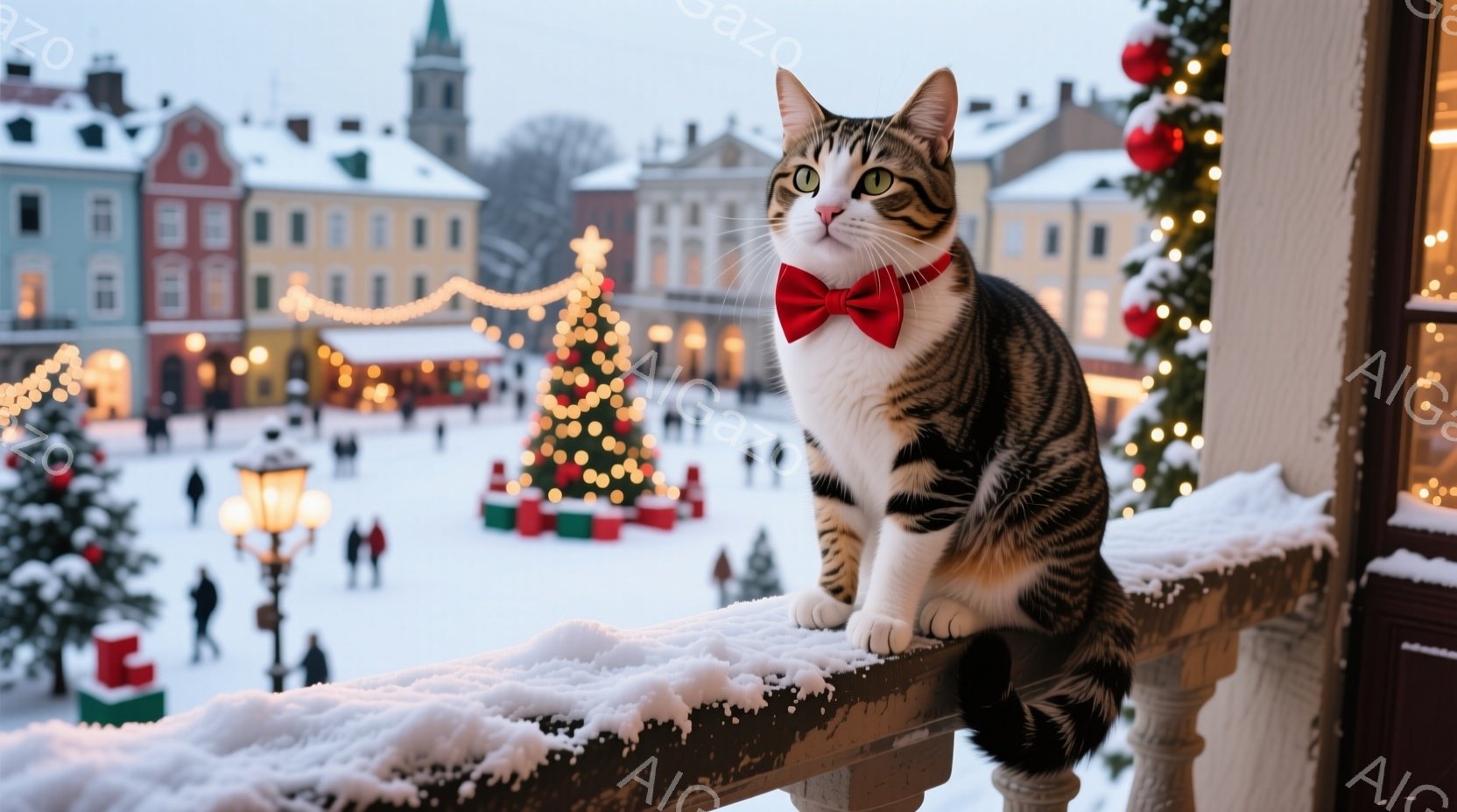 白と黒の縞模様の猫がバルコニーの手すりに座っており、赤い蝶ネクタイを付けている。背景には雪に覆われた広場があり、クリスマスツリーや点灯された街灯が並び、冬の祝祭の雰囲気を醸し出している。全体的に暖かく - AI生成フリー素材