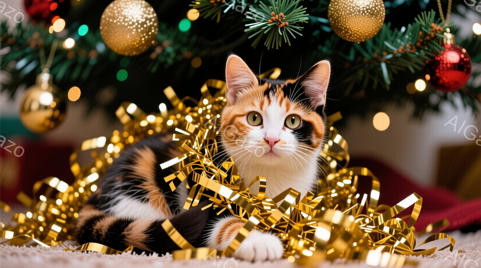 白、黒、オレンジ色のまだら模様の猫が、クリスマスツリーの下に散らばった金色のリボンに囲まれて横たわっています。猫はリラックスした表情で、まるでリボンに埋もれているのを楽しんでいるようです。背景には、飾り付けられたクリスマスツリーとぼんやりとした光があり、暖かくお祝いの雰囲気を醸し出しています。